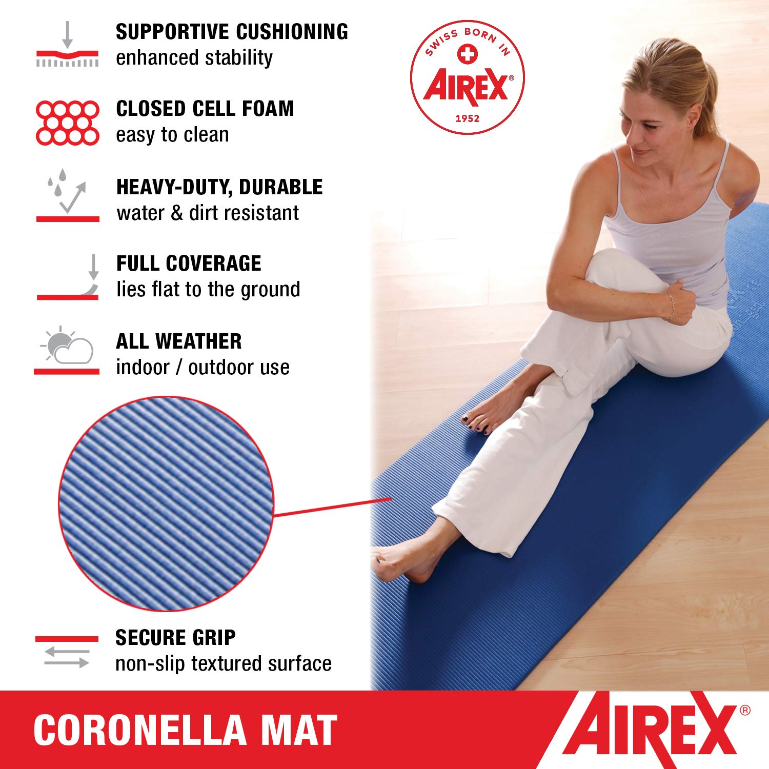 AIREX Coronella Exercise Mat - Premium Foam Workout Mat for Home Gym, Strength Training, Yoga, Pilates, Aerobics & Rehabilitation - Perfect for Home Workouts, Floor Exercises & Water Fitness Training