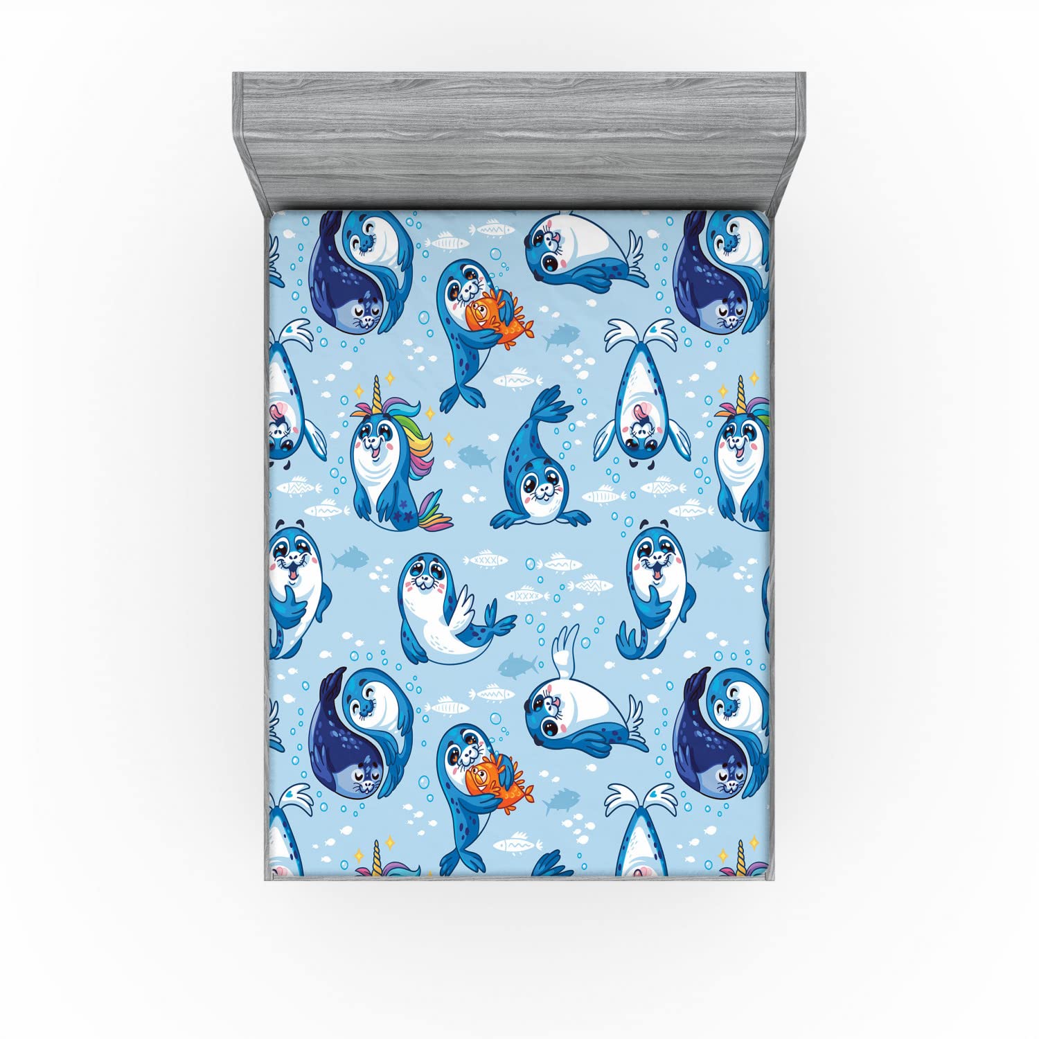 Ambesonne King Size Fitted Sheet - Sea Animals & Seal Pup Aquatic Wildlife Design with Water Bubbles, Deep Pocket All-Around Elastic for Comfort, Blue White Marigold - Perfect for Kids' Rooms, Beach Houses & Ocean-Themed Bedrooms