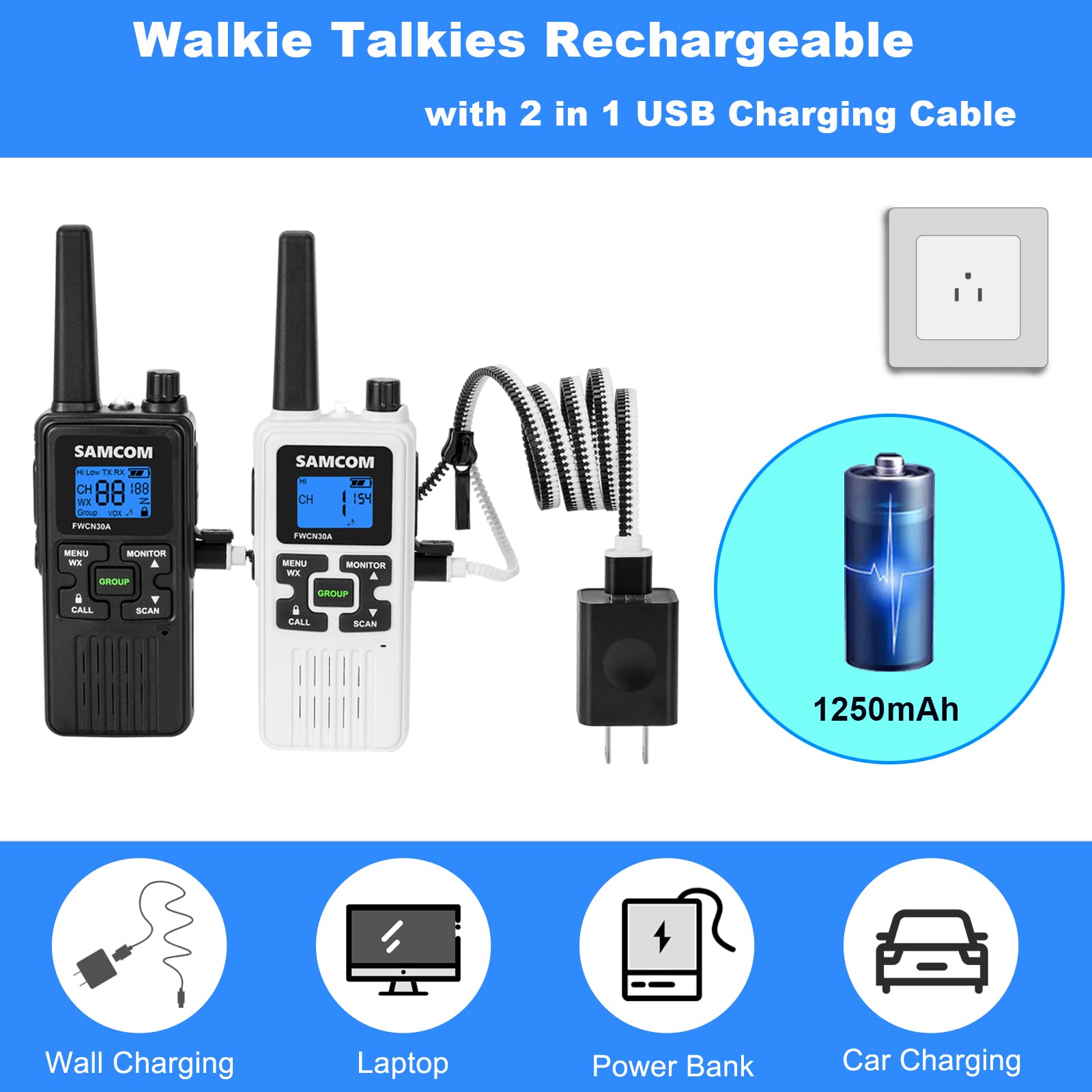 4 Pack SAMCOM Long Range Two Way Radios - 1250mAh Rechargeable Walkie Talkies for Adults with Earpieces & NOAA Weather Alert | USB Charging | Ideal for Outdoor Adventures, Construction Sites & Emergency Communication