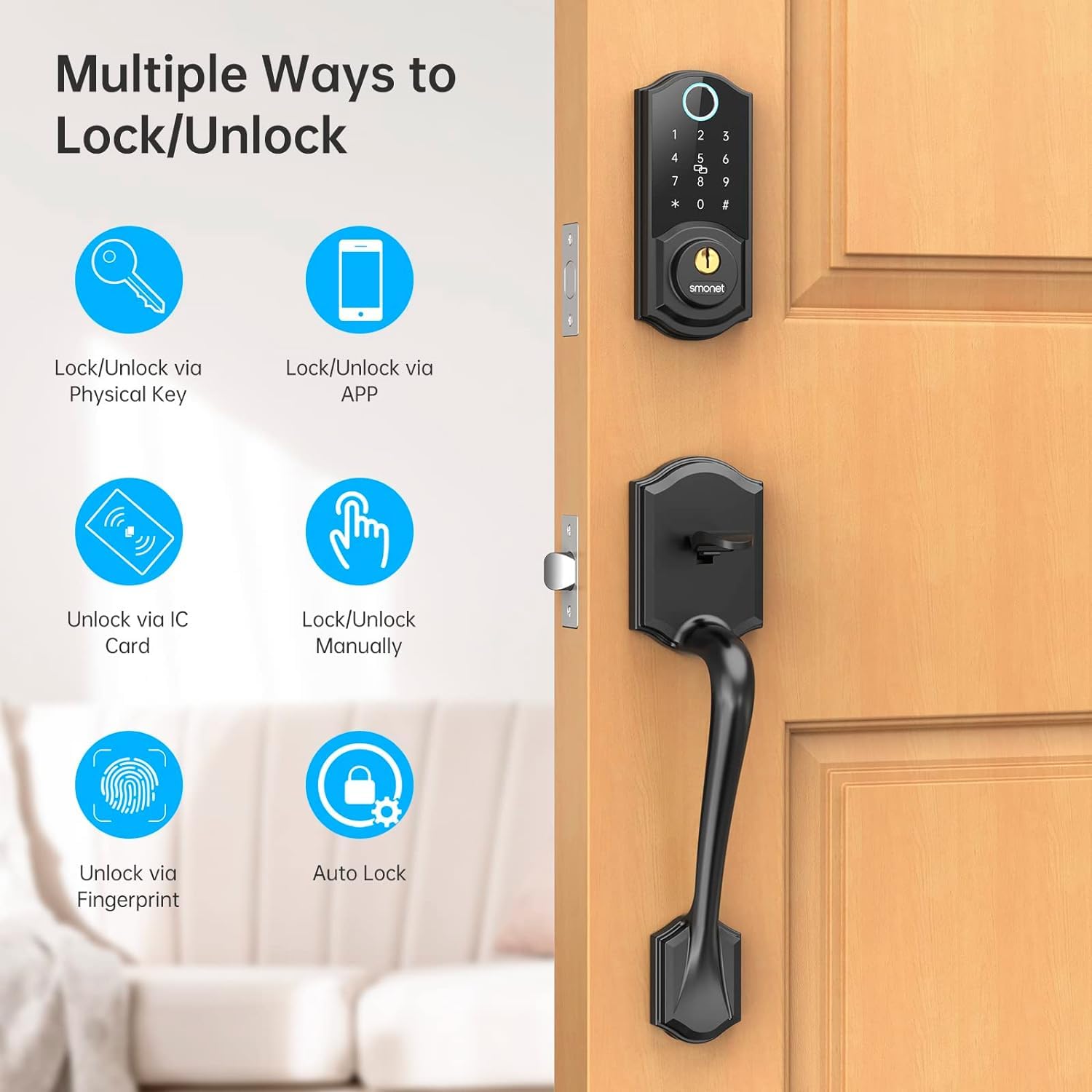 SMONET Smart Lock for Front Door - Keyless Entry Fingerprint & Bluetooth Deadbolt with Digital Keypad, Auto Lock, Alexa Compatible - Secure & Convenient Smart Home Access for Apartments, Houses & Vacation Rentals