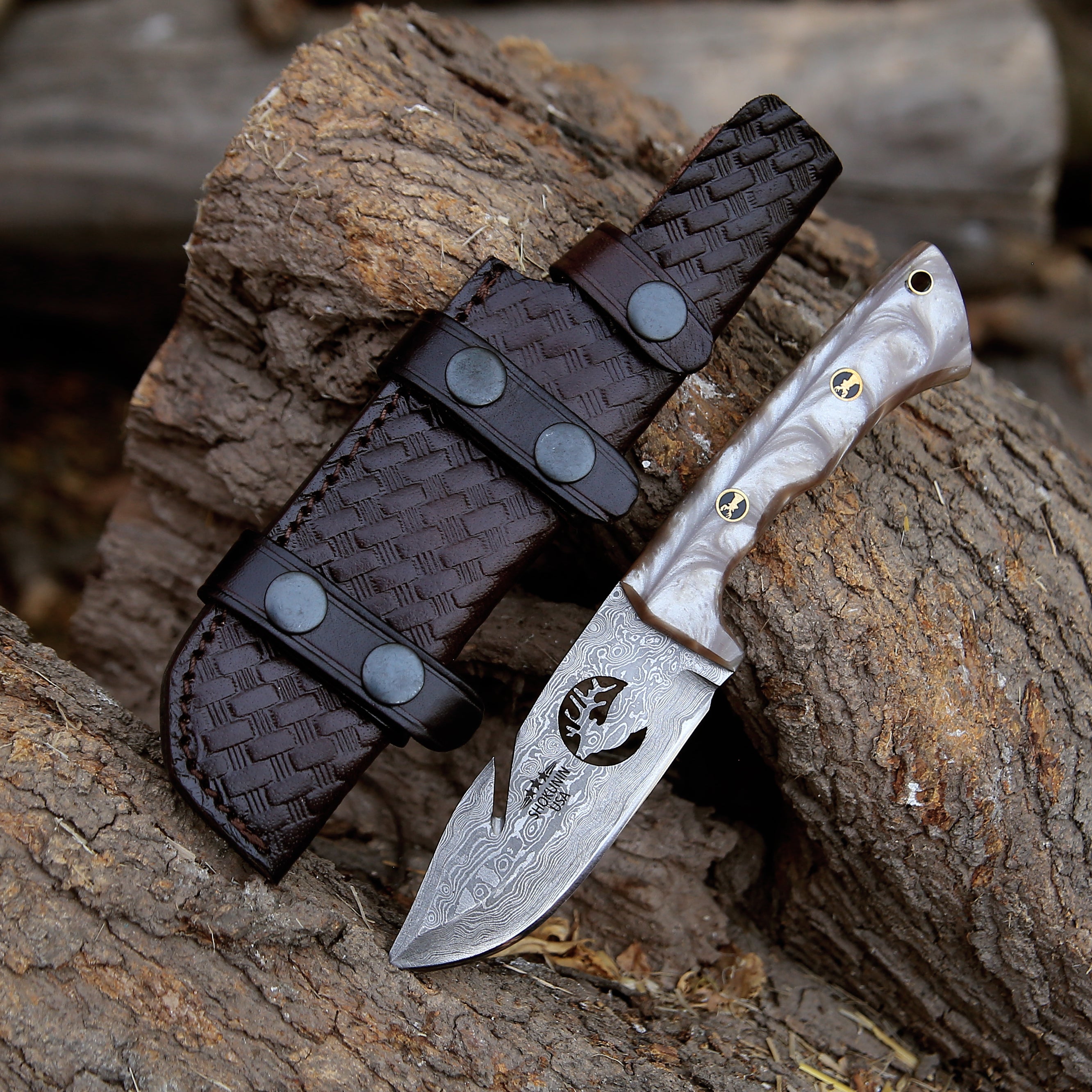 Premium Fusion Gut Hook Hunting Knife with Mother of Pearl Handle - Perfect for Field Dressing, Skinning Game, and Outdoor Survival Adventures