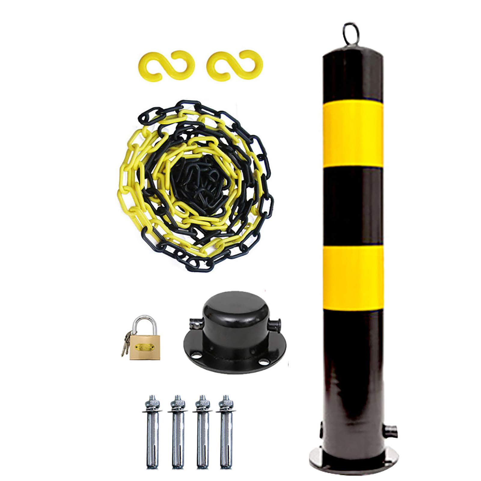 Movable Parking Post with 5m Plastic Barrier Chain Set - Includes Hanging Ring & Reflective Tape (100×11.4cm/39.4×6.3in & 55×11.4cm/21.7×6.3in) - Perfect for Driveways, Parking Lots & Event Crowd Control