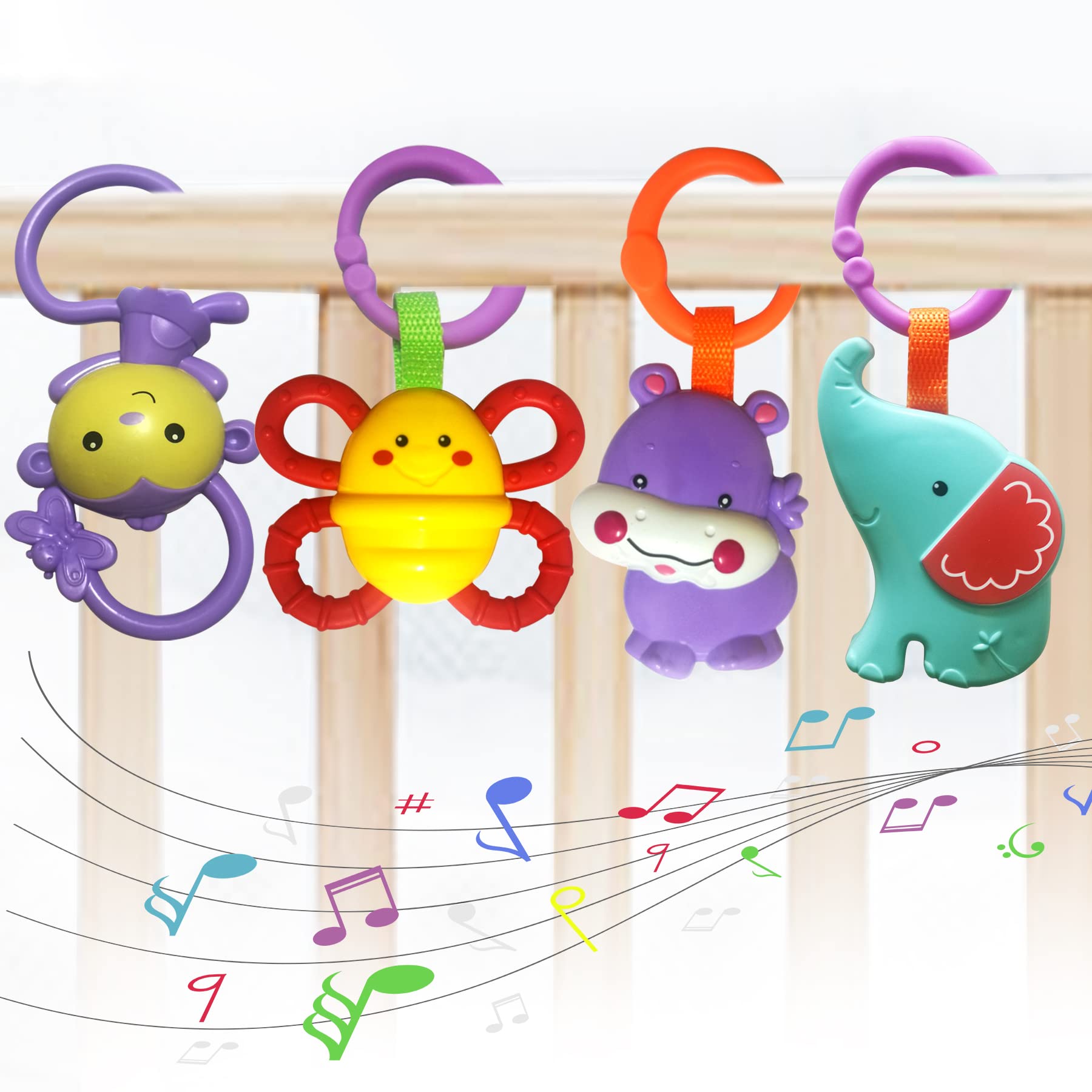 Cartoon Animal Hanging Rattle Toys - 4 Pack Baby Handbells & Crib Toys for Newborns | Infant Bed, Car Seat & Stroller Accessories | Perfect Baby Shower & Birthday Gift for 0-6 Months