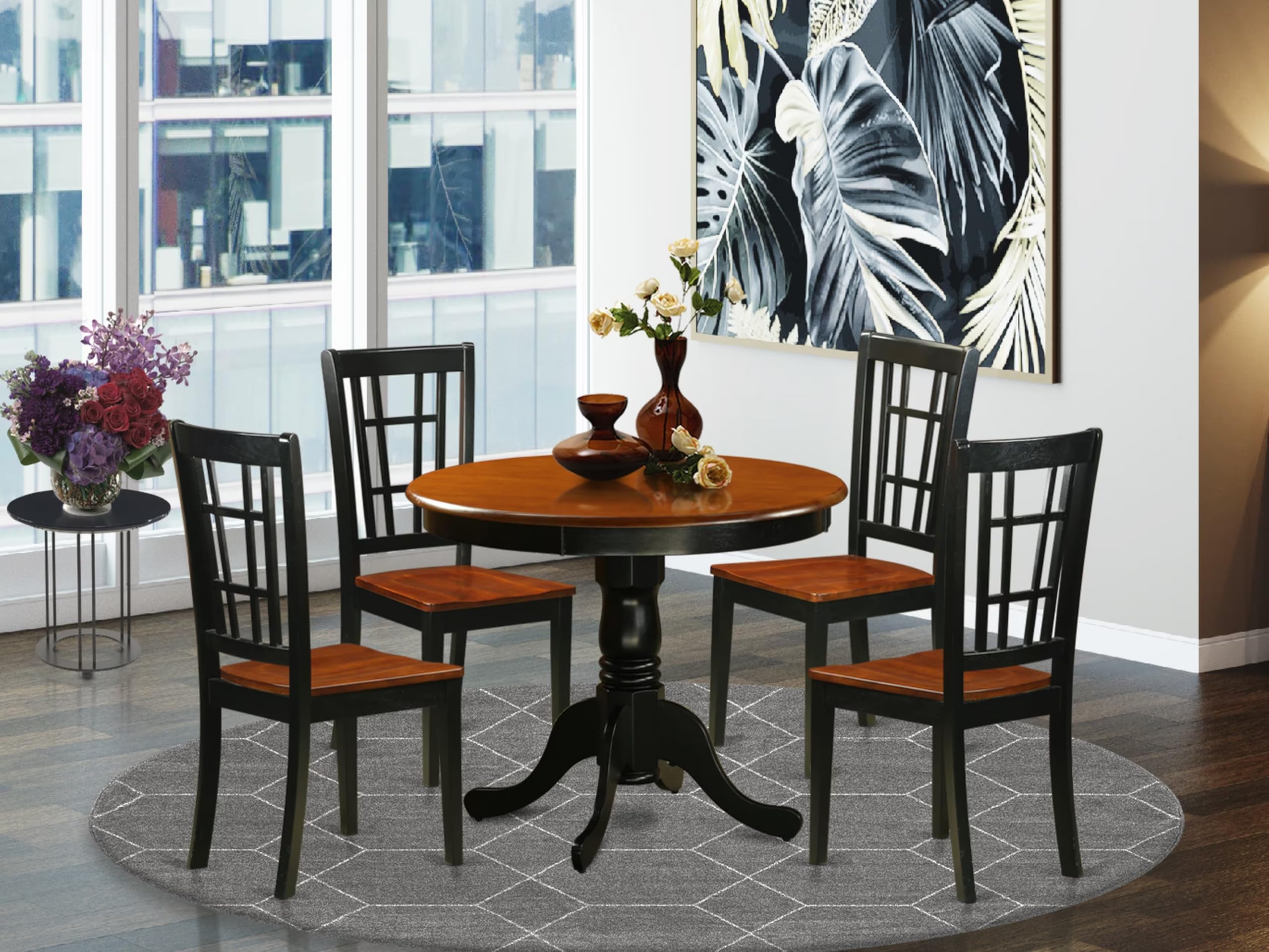 East West Furniture ANNI5-BLK-W 5-Piece Round Dining Table Set with Pedestal Base & 4 Chairs, 36x36 Inch, Black & Cherry - Perfect for Small Kitchens, Breakfast Nooks, and Cozy Apartments