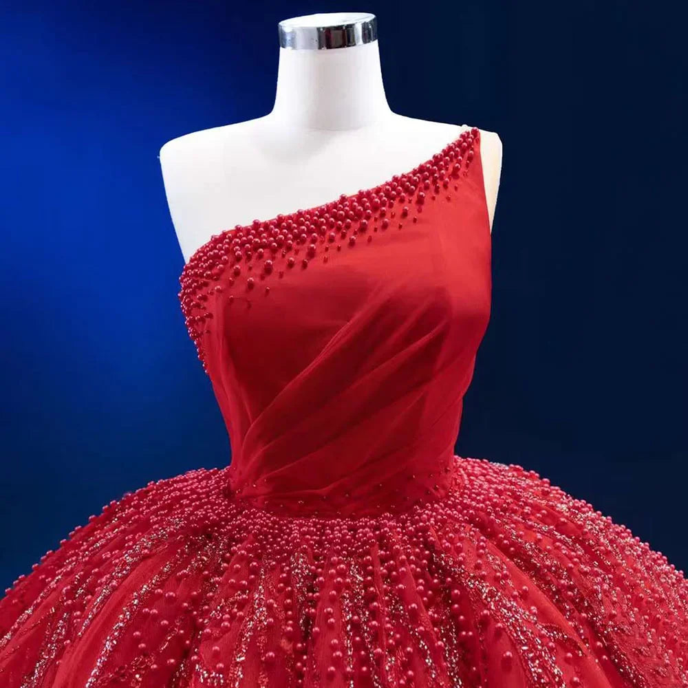 Serene Hill Red Elegant One Shoulder Lace-Up Pearl Beaded Luxury Wedding Dress 2025 | High-End Custom Made Bridal Gown HM222191 | Perfect for Beach Weddings, Vow Renewals & Formal Evening Events