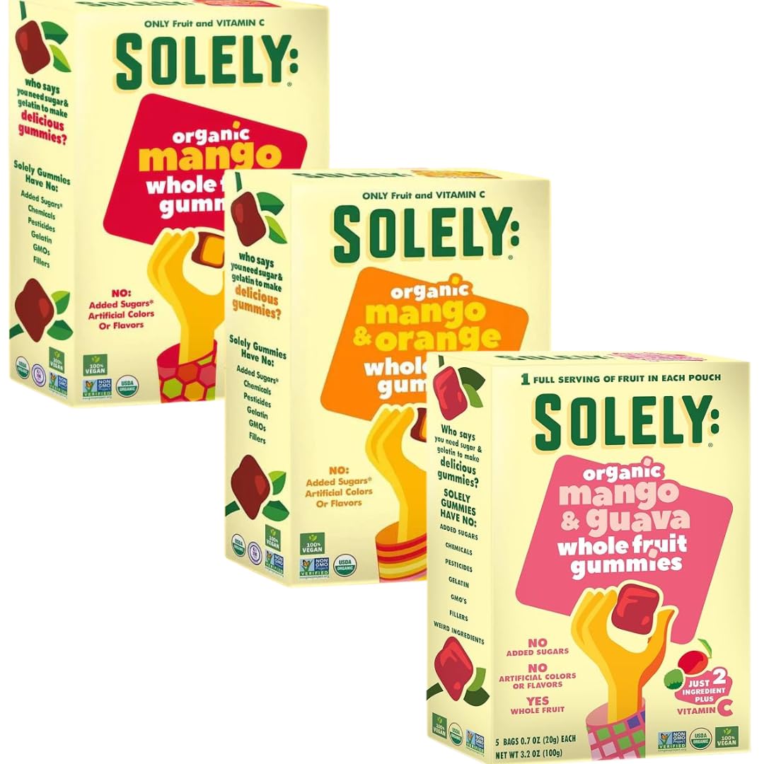 Solely Fruit Gummies - 3 Flavor Variety Pack (Strawberry, Mango, Pineapple) - No Added Sugar, Vegan, Gluten-Free - 3.5oz per Pack (3 Pack) - Healthy Snacks for Kids Lunchbox, Office Treats & On-The-Go Energy Boost