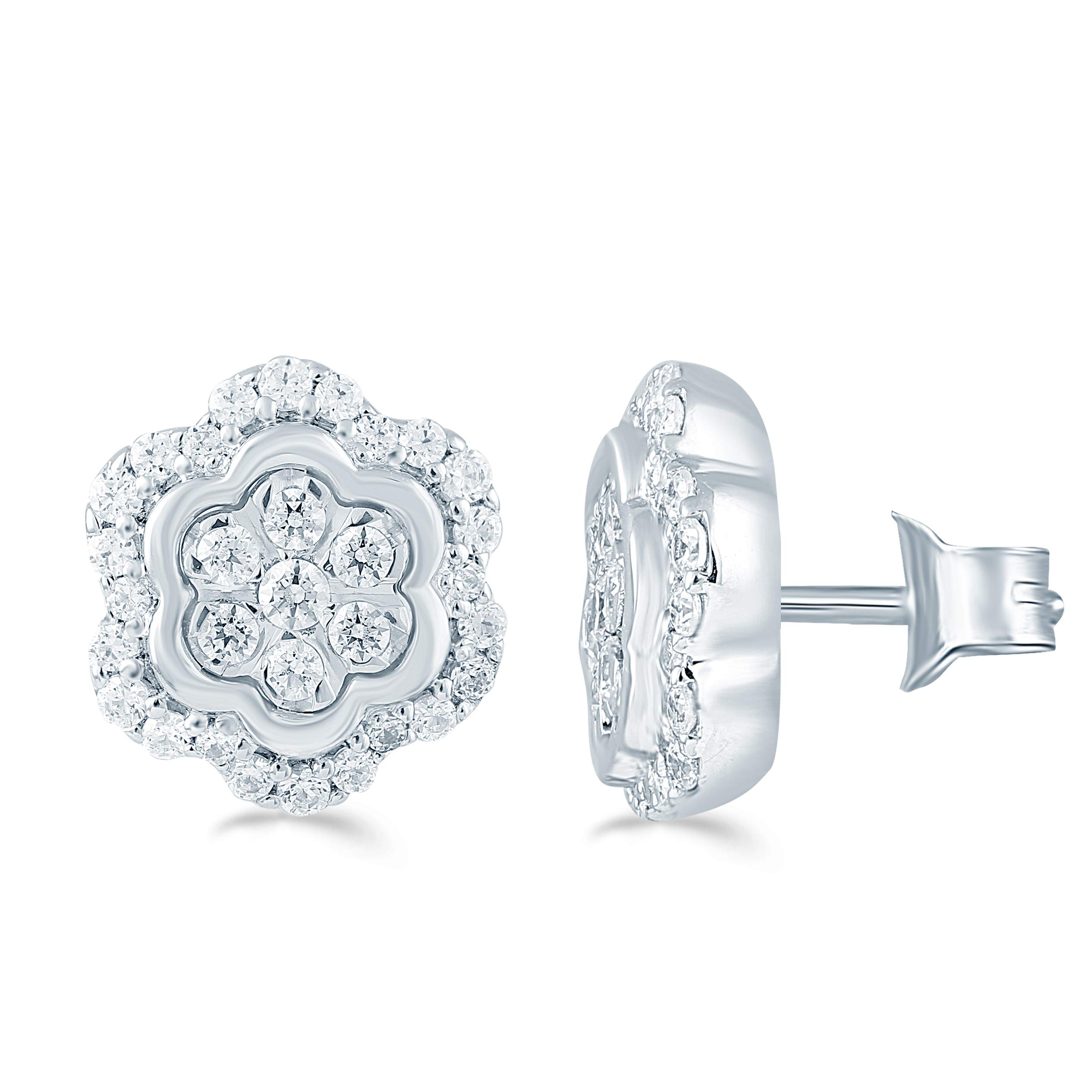 Women's Sterling Silver Floral Cluster Round Diamond Stud Earrings | 1/4 Cttw to 1/2 Cttw | Perfect for Weddings, Anniversaries & Special Occasions
