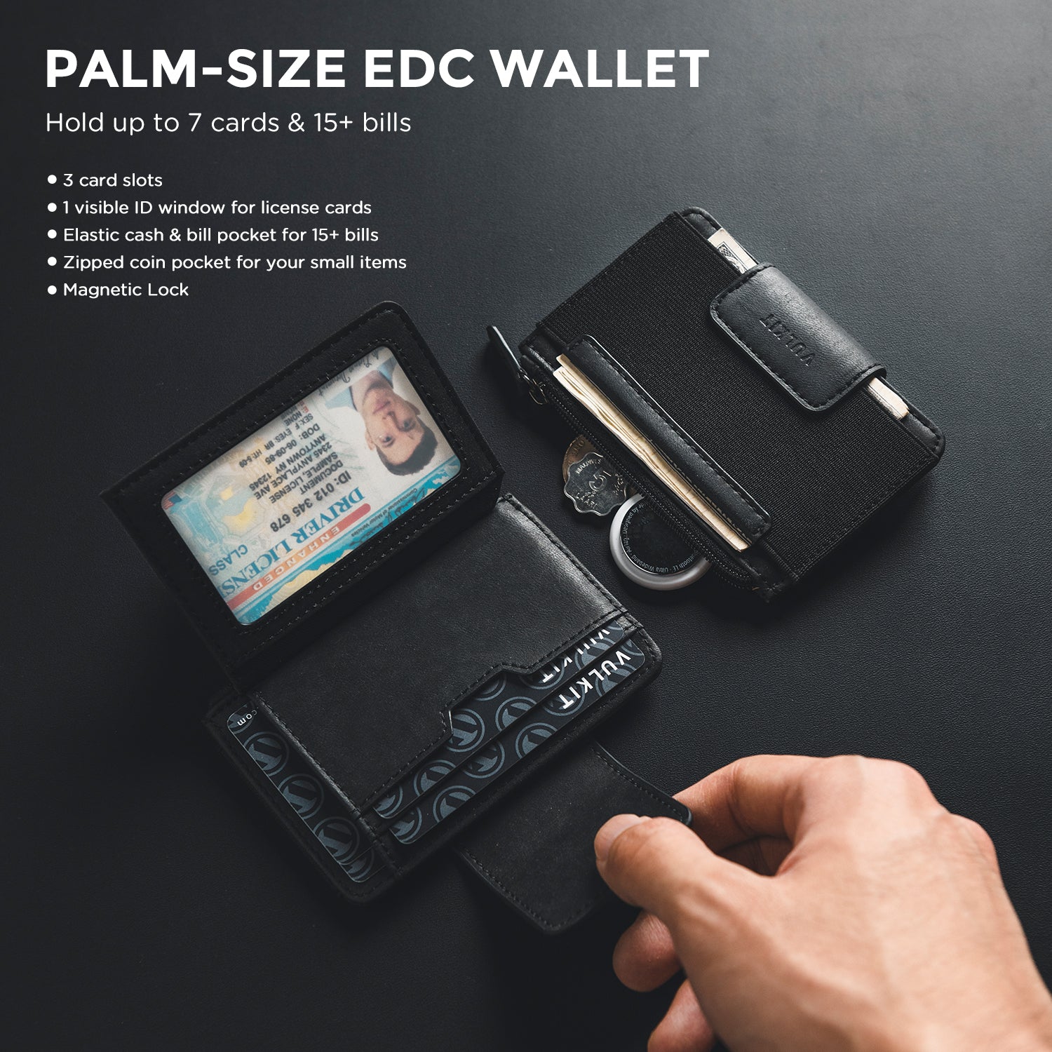 VW110 Slim Bifold Wallet with Zipper Pocket & Elastic Slot - Compact Palm-Sized Men's Wallet for Cash, Cards & Coins - Perfect for Everyday Carry, Travel & Minimalist Lifestyle