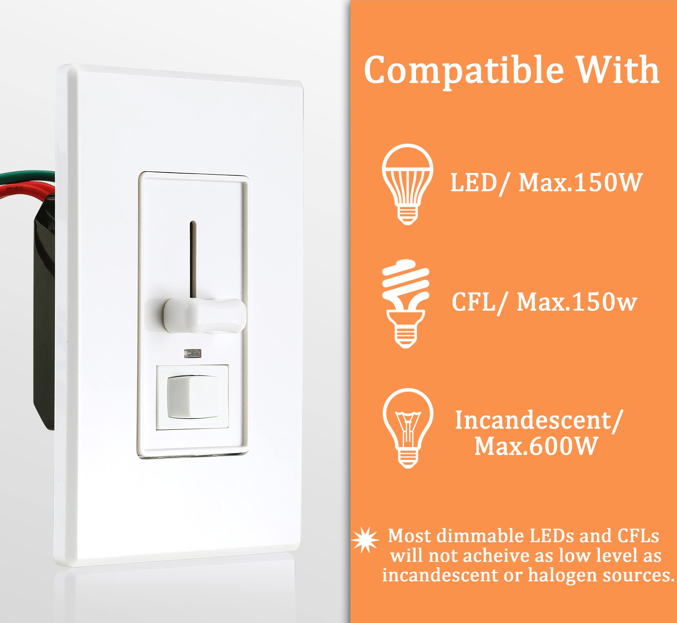 Cloudy Bay Wall Dimmer Switch with Green LED Indicator - 600W Max, 3-Way/Single Pole Dimmable for LED/CFL/Incandescent Lights - Includes White Cover Plate (10-Pack) - Perfect for Bedrooms, Living Rooms & Home Lighting Control