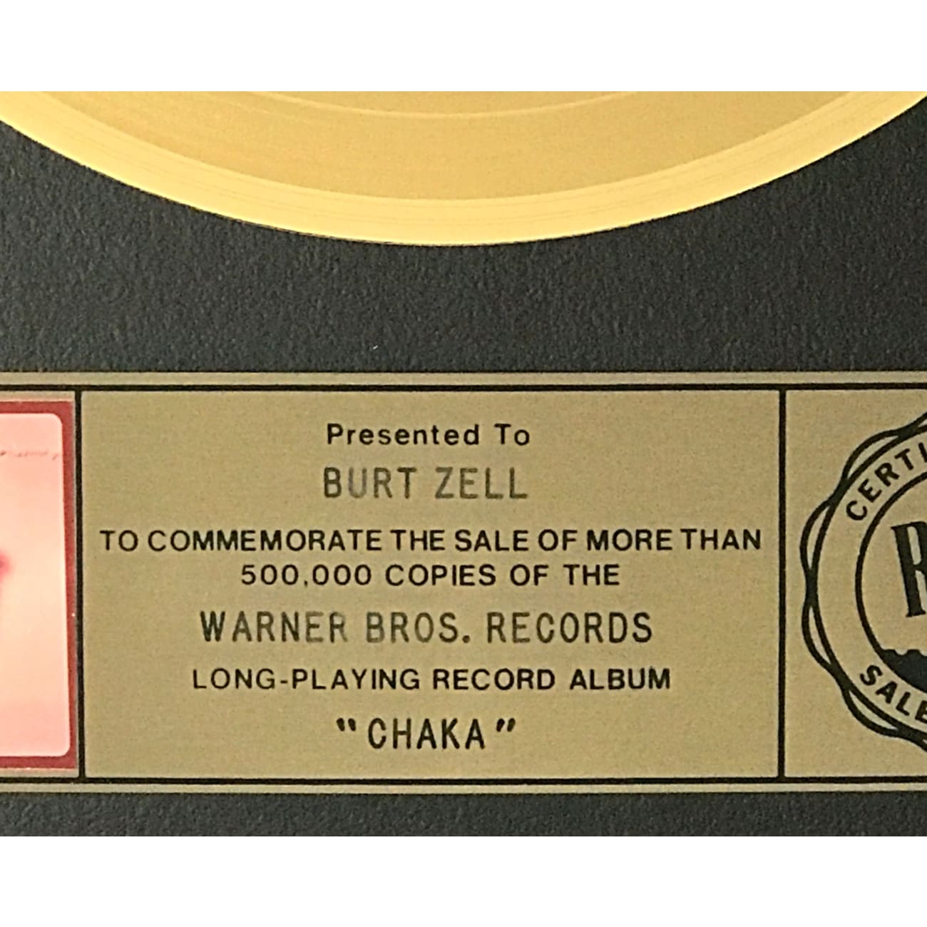 Chaka Khan RIAA Gold Album Award - Certified Music Memorabilia for Collectors & Fans - Perfect for Display in Home, Office, or Music Studio