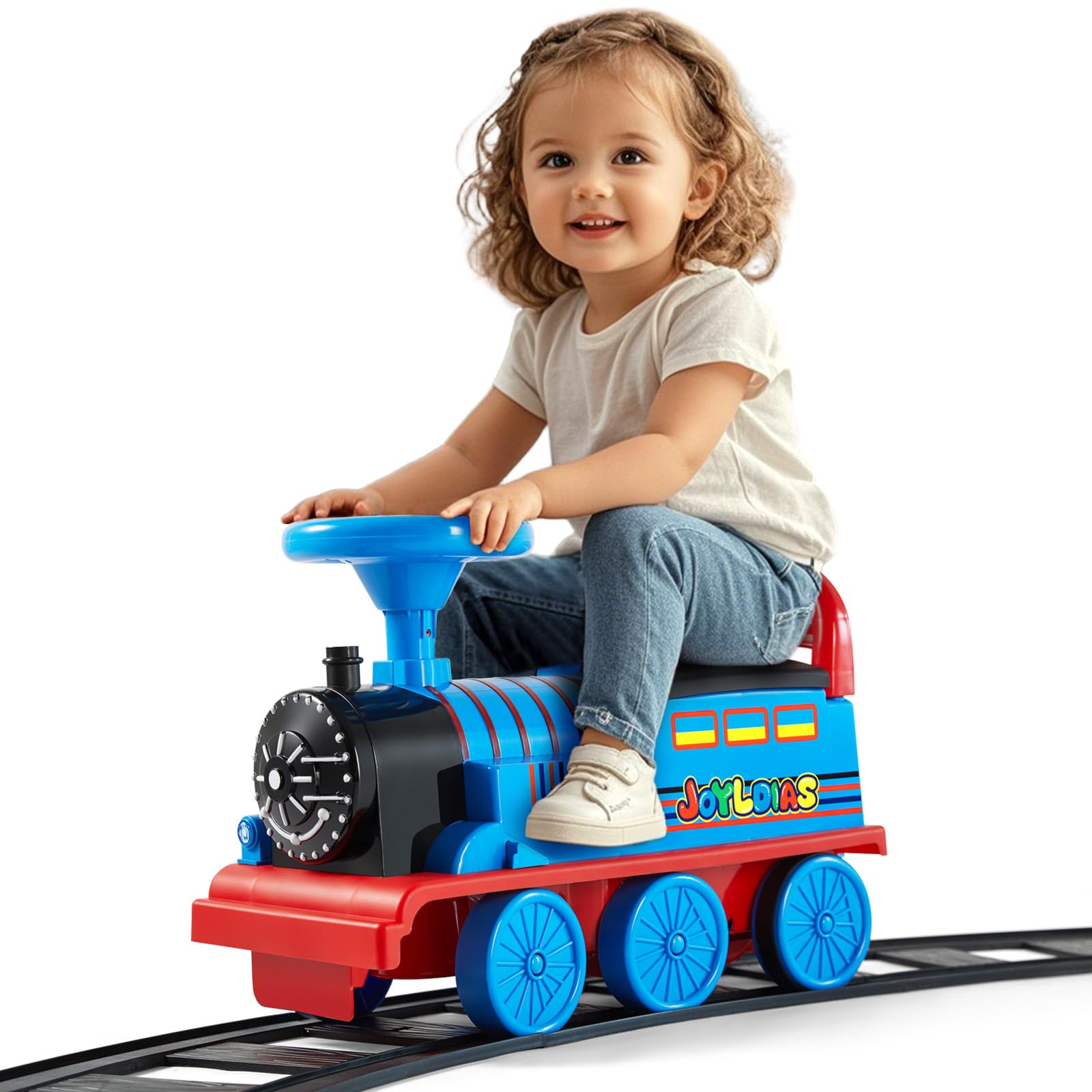 JOYLDIAS 6V Electric Ride On Train Toy for Kids - 16pcs Curved Tracks, LED Lights & Horn, Storage Basket, Retractable Foot Pedals - Best Gift for Toddlers Under 39 Inches (Blue) | Perfect for Indoor Playrooms & Backyard Fun
