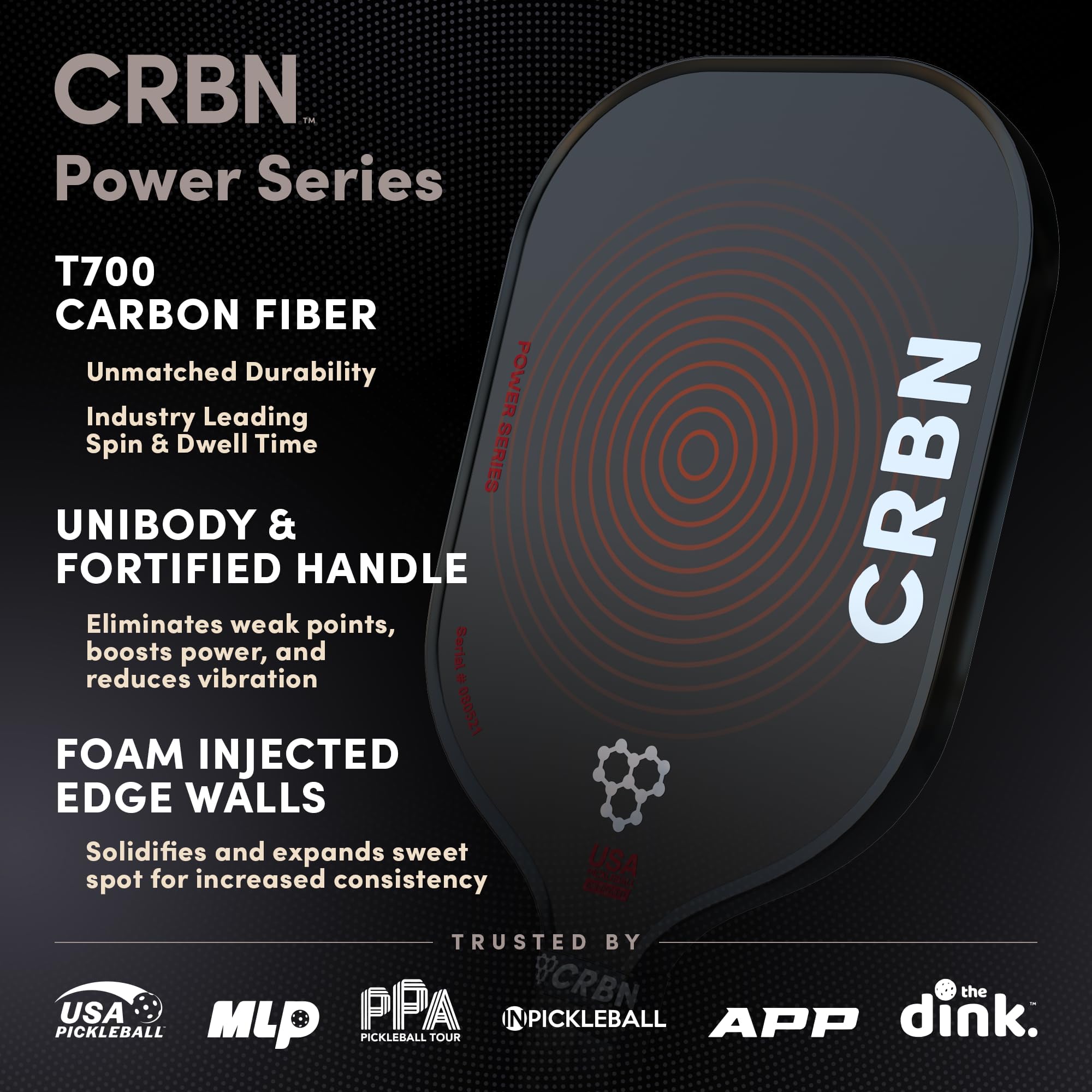 CRBN Power Series Pickleball Paddle - Premium Carbon Fiber Paddle with Foam Injected Edges for Larger Sweet Spot | USCA Approved | Perfect for Competitive Play & Recreational Games
