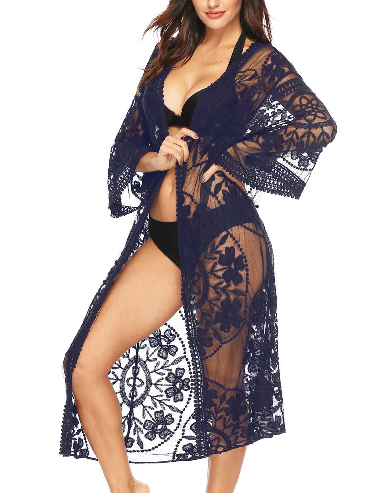 Women's Floral Lace Crochet Cardigan - Sheer Long Open Kimono Beach Cover Up for Summer, Boho Chic Outerwear for Casual Wear, Vacation, and Outdoor Activities