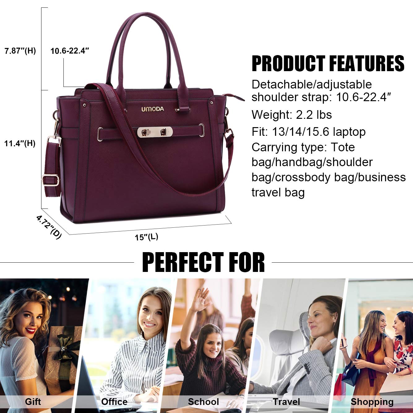 Stylish 15.6 Inch Laptop Tote Bag for Women - Multi-Pocket Padded Computer Bag with Shoulder Strap (Burgundy) - Perfect for Work, Travel & College Commute