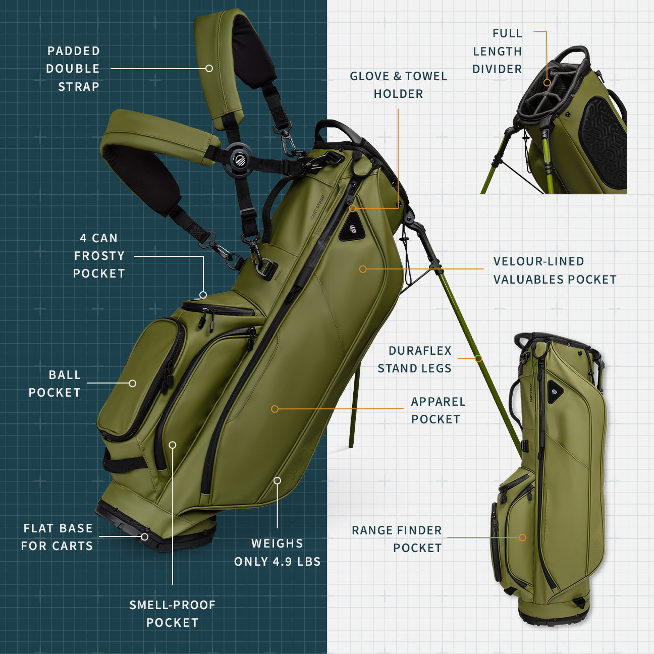 Sunday Golf Ryder S Class Golf Bag | Olive Vegan Leather Golf Stand Bag for Men & Women - Perfect for Weekend Golfers & Travel