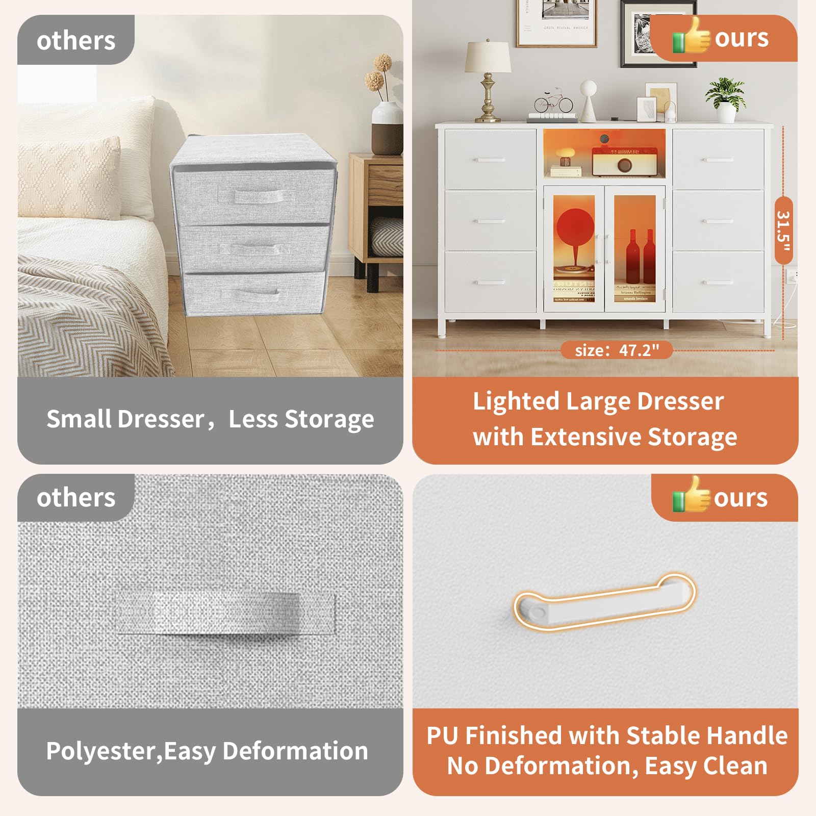 White Dresser with 6 Drawers & Charging Station - 60