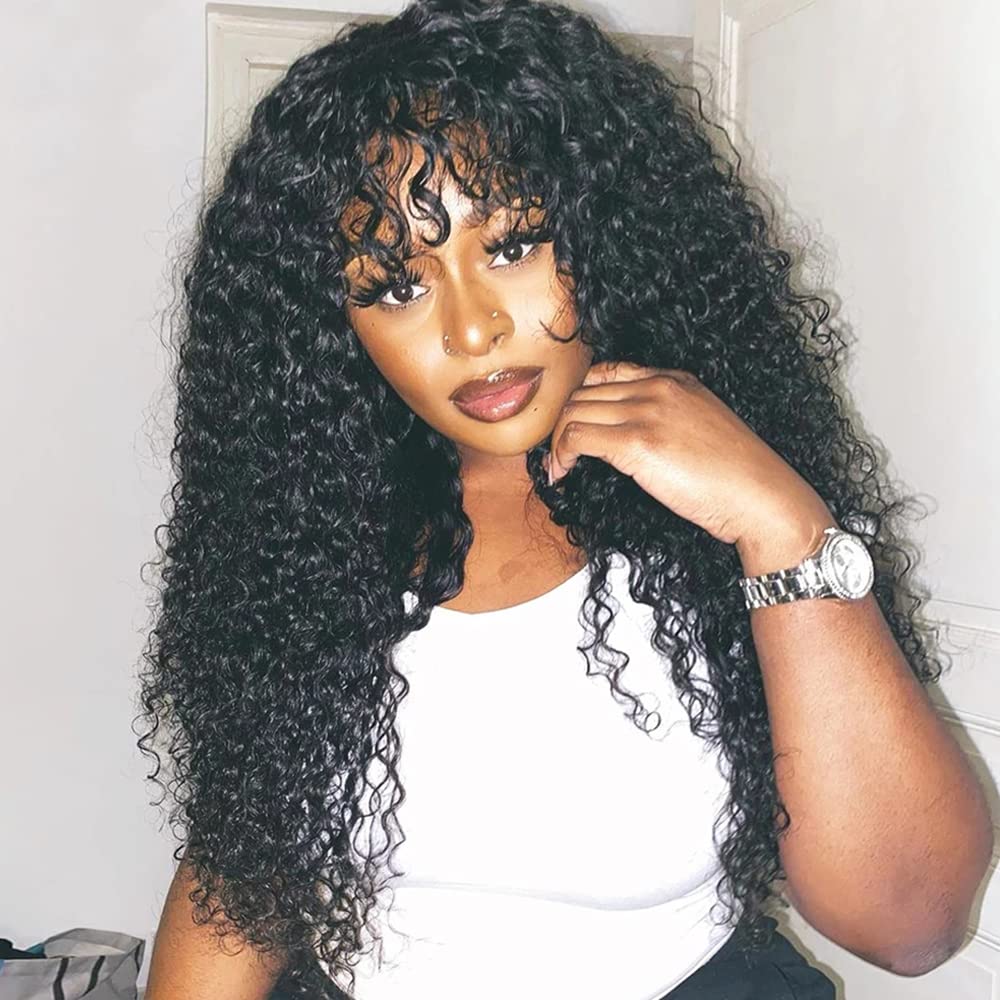 Brazilian Human Hair Wigs for Black Women - Short Curly Wigs with Bangs, 12 Inch, 200% Density, Glueless Scalp Top, Full Machine Made, Natural Color | Perfect for Daily Wear, Cosplay & Protective Styling
