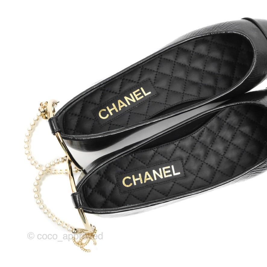 Chanel Black Lambskin Pearl Ankle Flat Ballerina Shoes Size 37 - Elegant & Comfortable for Women's Casual Wear, Office, and Special Occasions