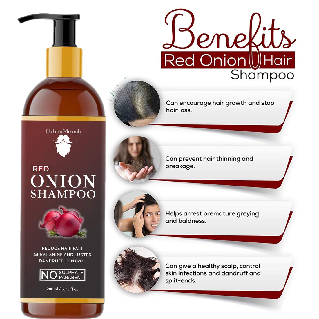 UrbanMooch Onion Shampoo for Hair Growth & Hair Fall Control - Enriched with Onion Extract & Plant Keratin | Reduces Hair Loss, Strengthens & Smoothens Hair | For Men & Women | 200ml | Perfect for Daily Hair Care & Scalp Nourishment