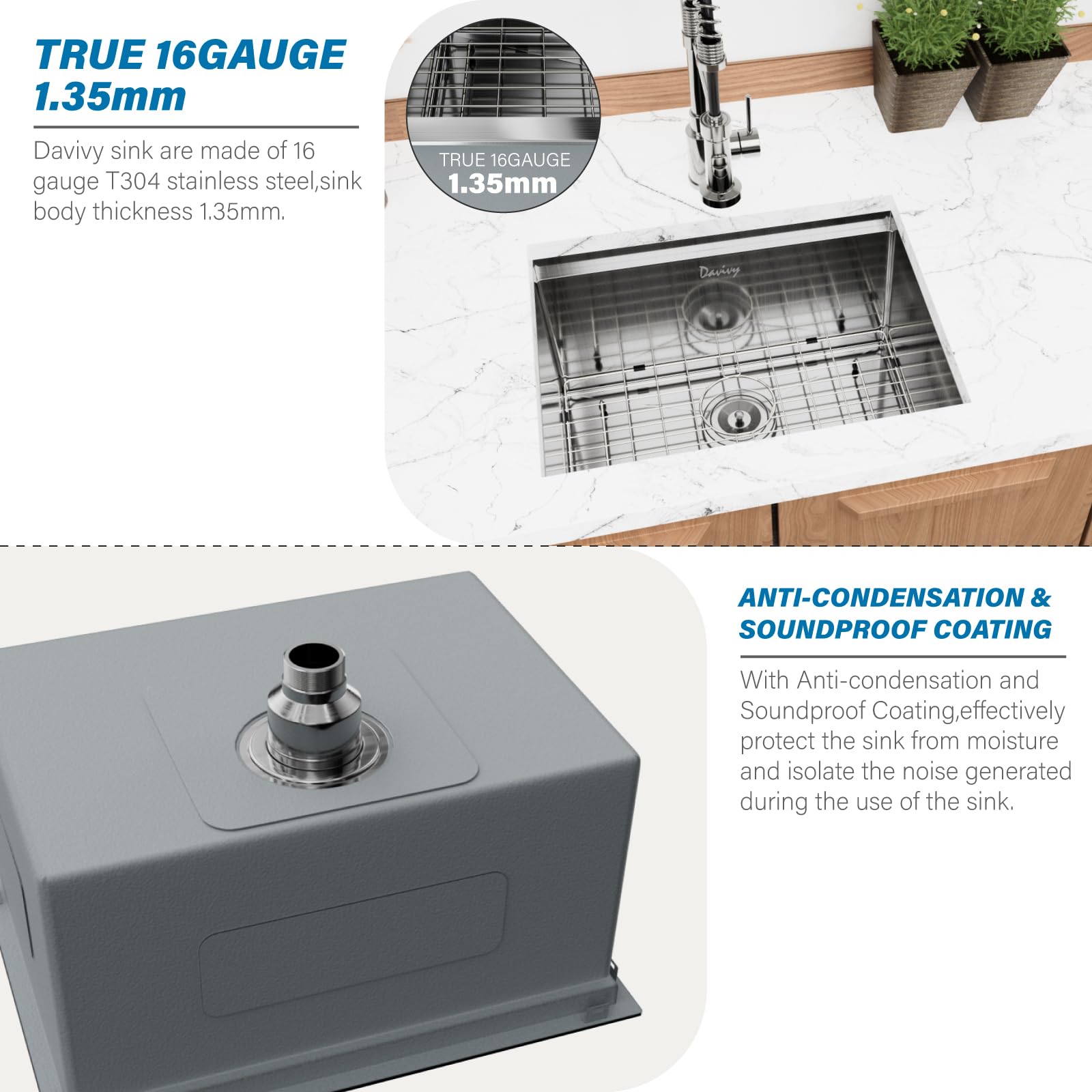 **Davivy 24 Inch Undermount Kitchen Sink - 16 Gauge Stainless Steel Single Bowl Workstation Sink (24x18.5 Inch) with Single Track & Accessories - Perfect for Home, Restaurant & Commercial Kitchens**