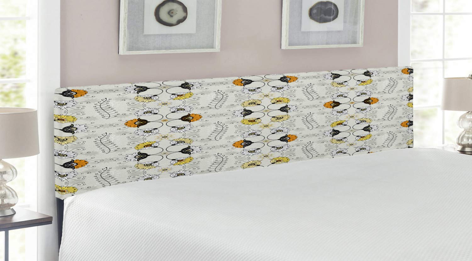 Ambesonne King Size Upholstered Headboard - Grey & Yellow Paisley Floral Design with Memory Foam | Metal Bed Frame Headboard for Master Bedroom Decor | Pale Grey & Marigold Color Scheme