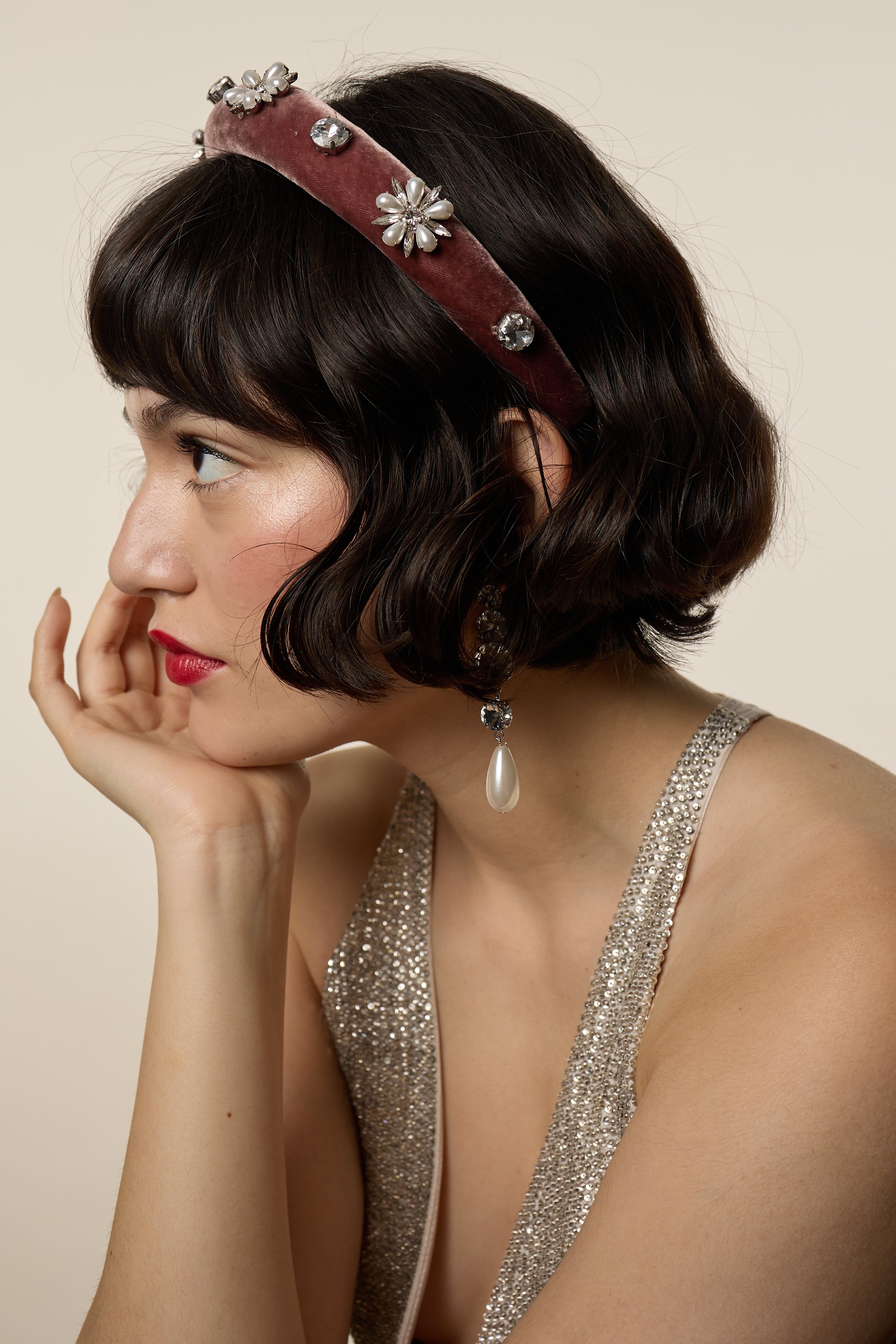 Annie Pearl & Crystal Velvet Padded Headband for Women - Elegant Hair Accessory for Weddings, Parties & Special Occasions