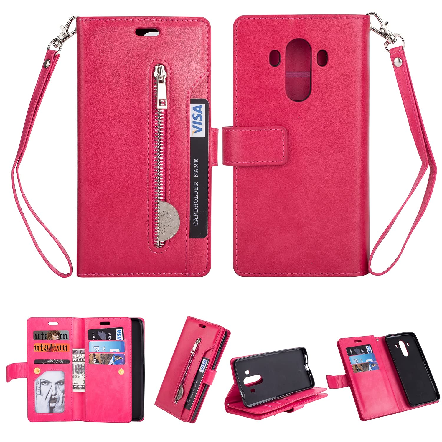 Premium Magnetic Flip Wallet Case for Huawei Mate10 Pro - Leather Stand Cover with 9 Card Slots & Strong Magnetic Closure (Rose Red) - Perfect for Business, Travel & Daily Protection