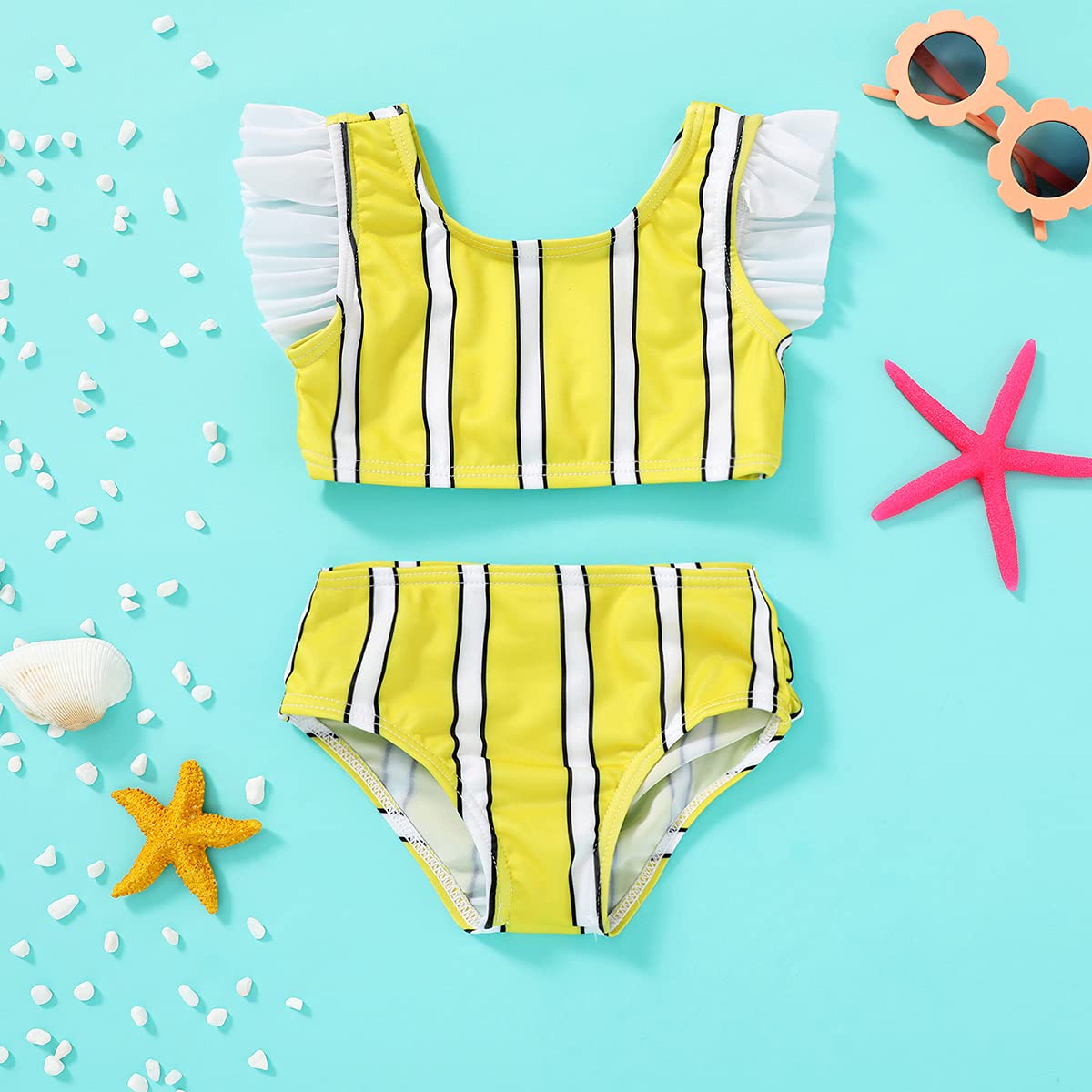 Toddler Girl Swimsuit Ruffle Sleeve Bikini Set - Beach & Pool Wear (Yellow Stripe, 12-18M)