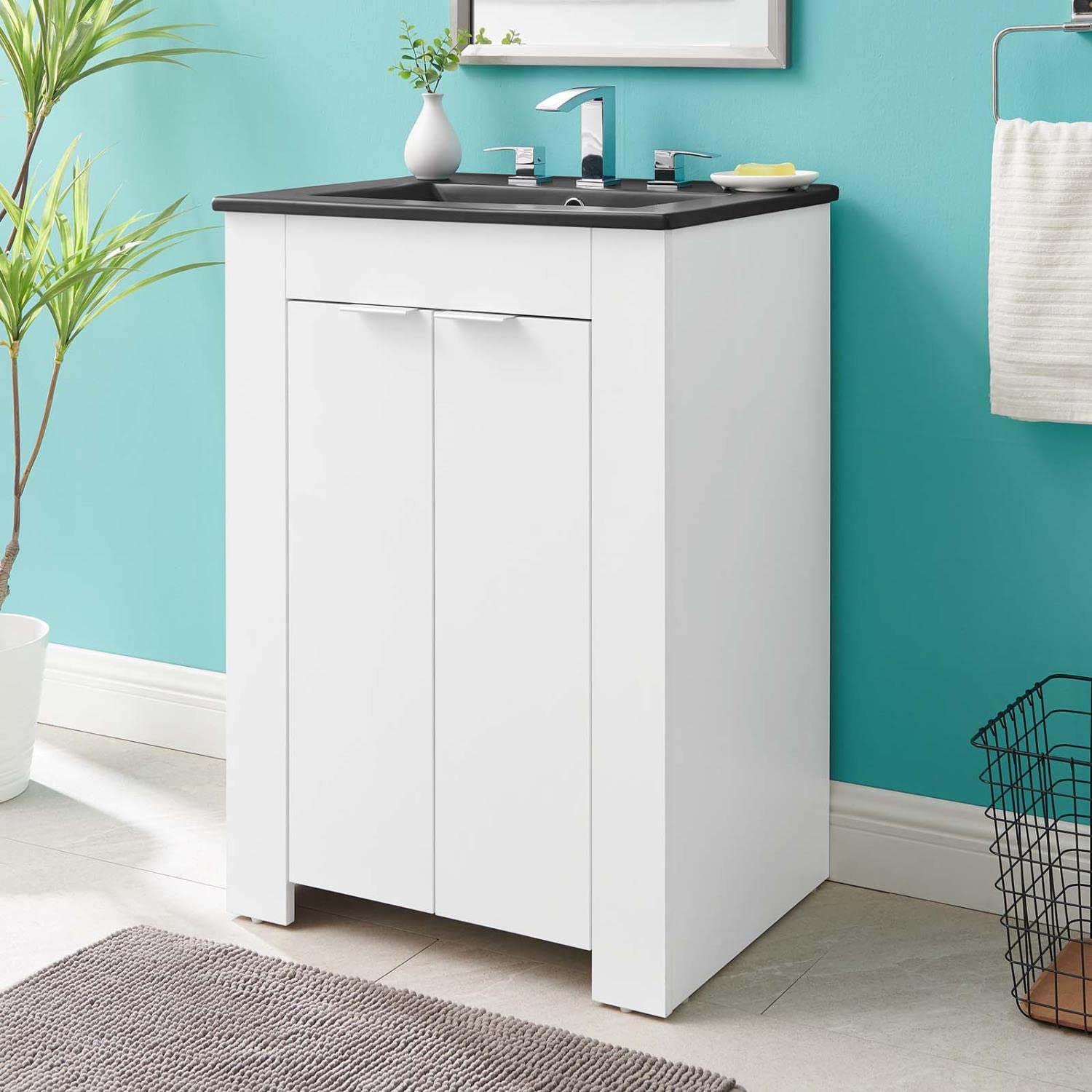 Modway Maybelle 24 Inch White and Black Bathroom Vanity with Sink - Modern Small Space Vanity for Powder Rooms, Guest Bathrooms & Apartments