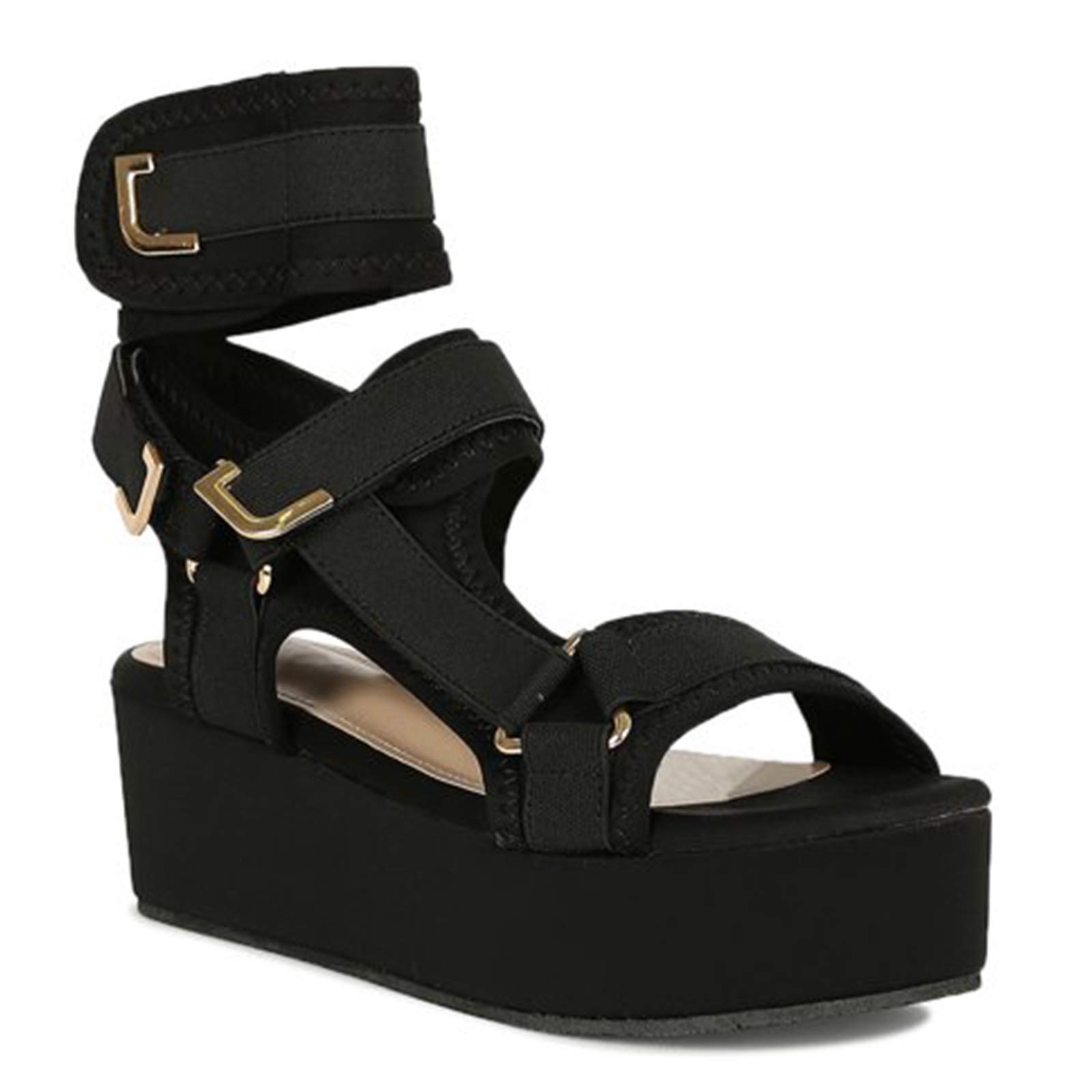 SaraIris Women's Rhinestone Glitter Platform Wedge Sandals - Open Toe Gladiator Ankle Strap Velcro Flat Sandals for Summer, Beach, Party & Casual Wear