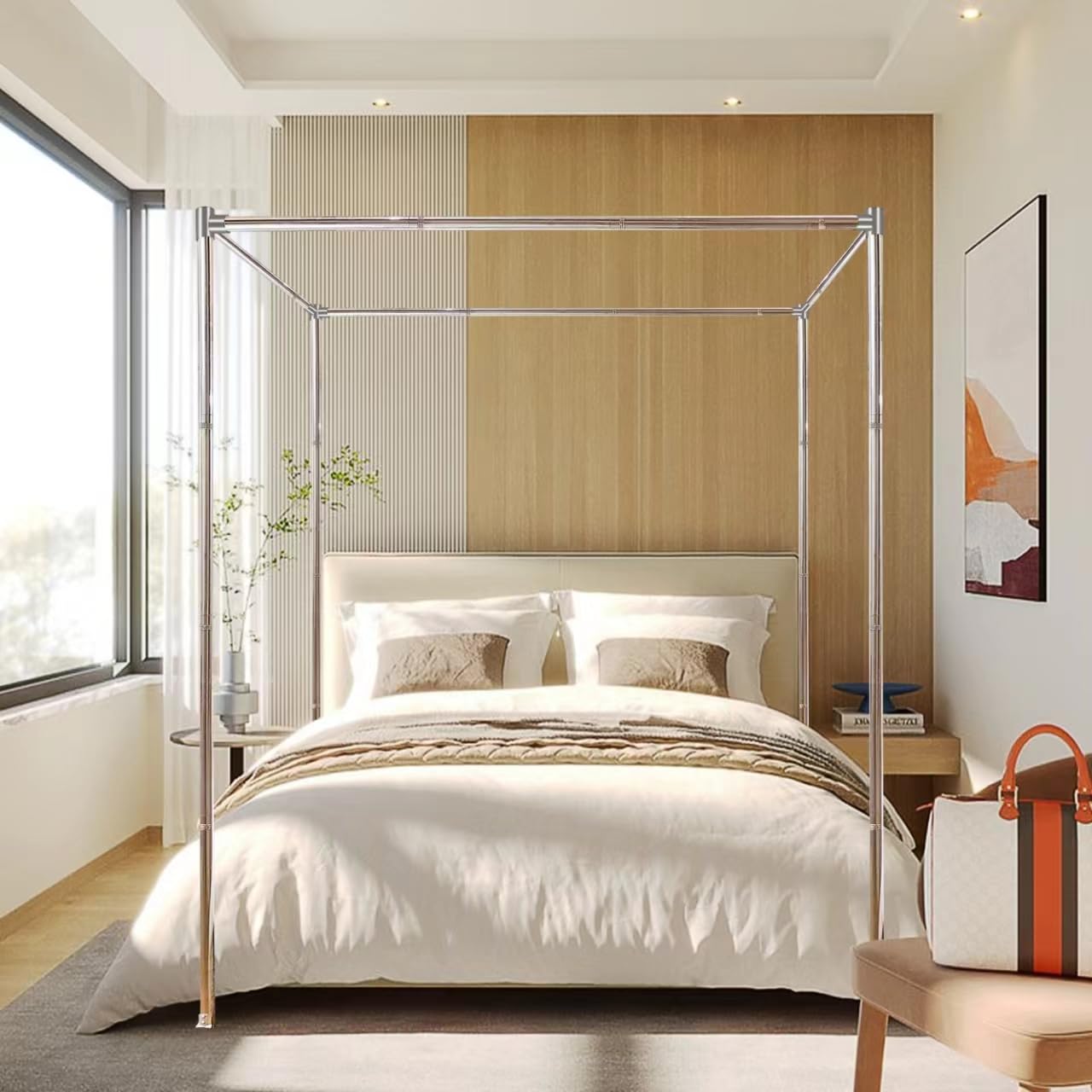 Stainless Steel Queen Size Canopy Bed Frame with Thickened Brackets - Sturdy Metal & Wood Bed Post Poles for Mosquito Net & Bedroom Decor - Perfect for Master Bedroom, Guest Room & Bohemian Style Decor