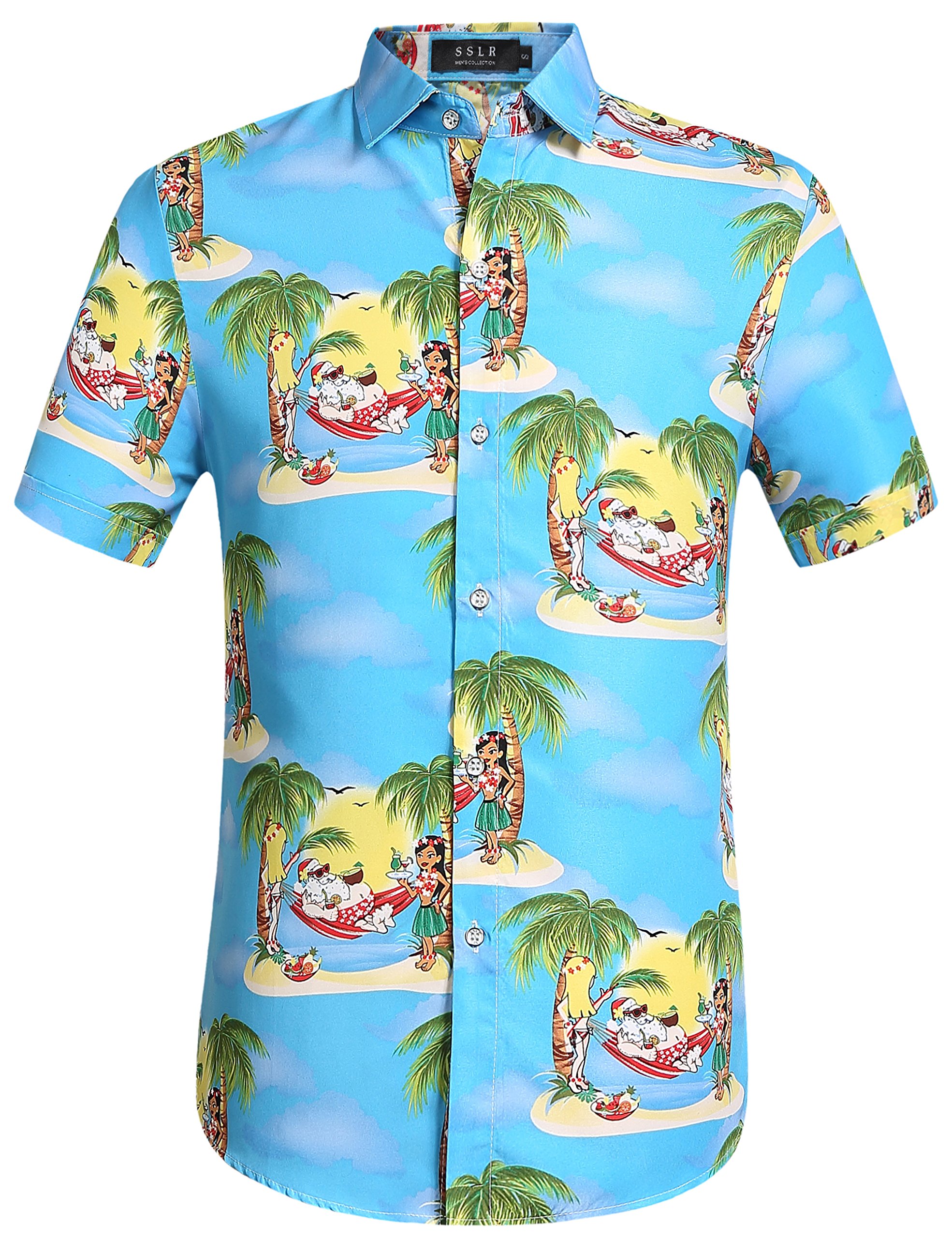 SSLR Men's Christmas Santa Claus Tropical Button-Up Hawaiian Shirts - Casual Holiday Party & Beach Vacation Shirt for Men