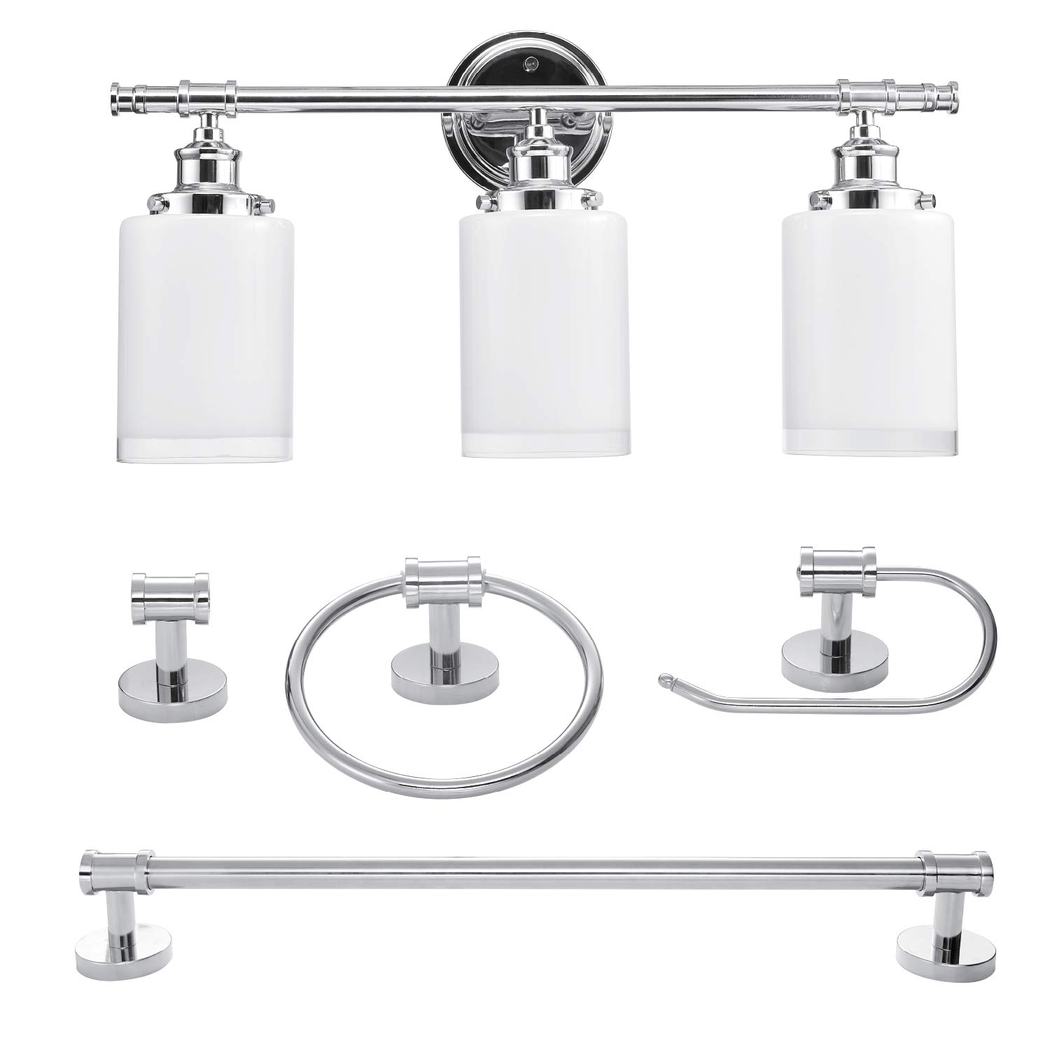Globe Electric 51414 Freya 5-Piece Bathroom Lighting & Hardware Set - 3 Vanity Lights with White Shades, Towel Bar, Ring, Robe Hook & Toilet Paper Holder in Chrome & Frosted Glass - Perfect for Modern Bathroom Remodel & Home Decor
