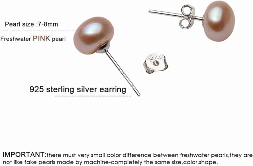 925 Sterling Silver AAA Genuine Freshwater Cultured Pearl Stud Earrings for Women - White, Black & Pink Button Pearls (7.5-8mm) | Elegant Jewelry Gift for Wedding, Party & Everyday Wear