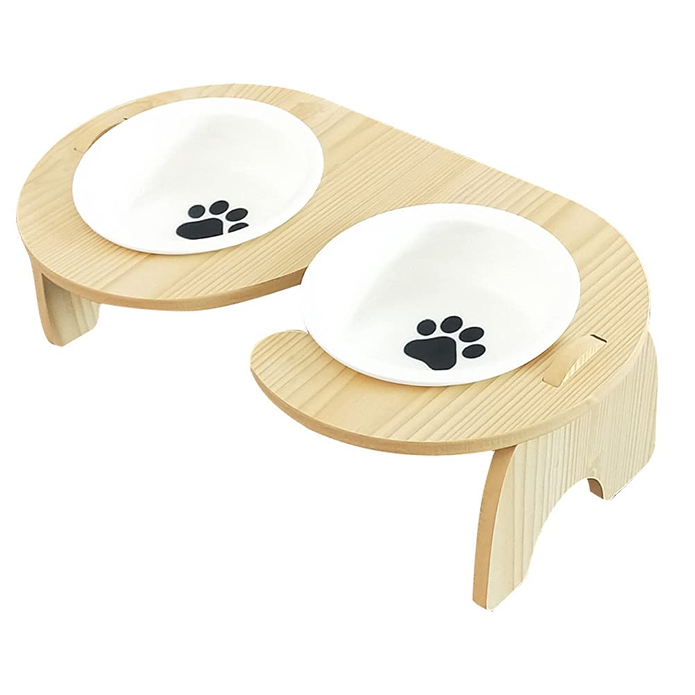 TEHAUX Wooden Ceramic Double Pet Bowl - 2-in-1 Cat & Dog Feeder with Non-Slip Base - Perfect for Mealtime, Travel & Small Space Homes