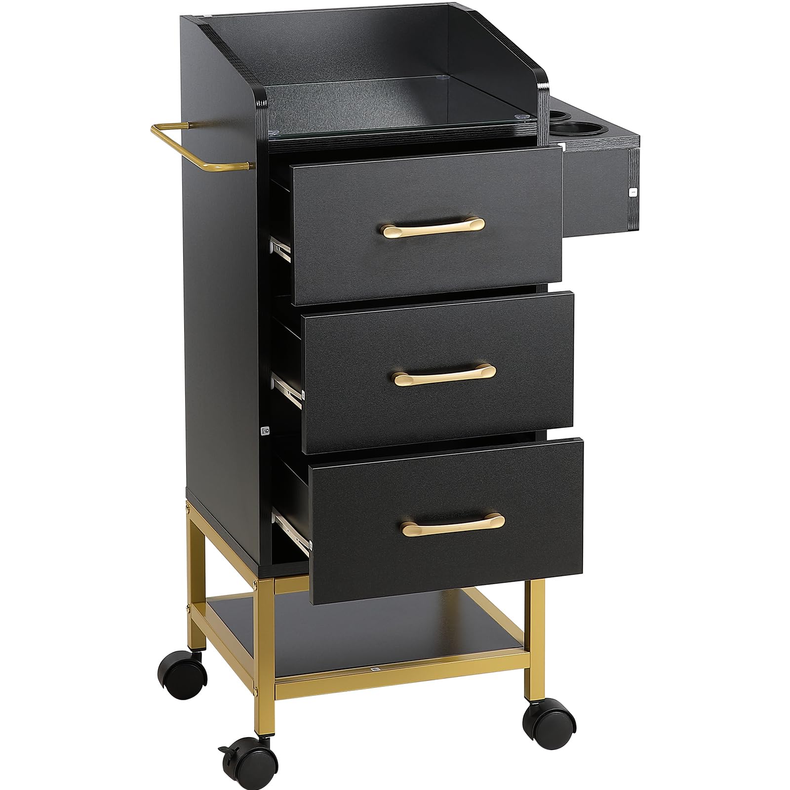 VEVOR Salon Storage Cart with Glass Top, 4-Wheel Rolling Hairdressing Station with Drawer & Dryer Holder - Mobile Beauty Cabinet for Stylists, Barbers & SPA - Perfect for Salon Organization & Styling Tools Storage