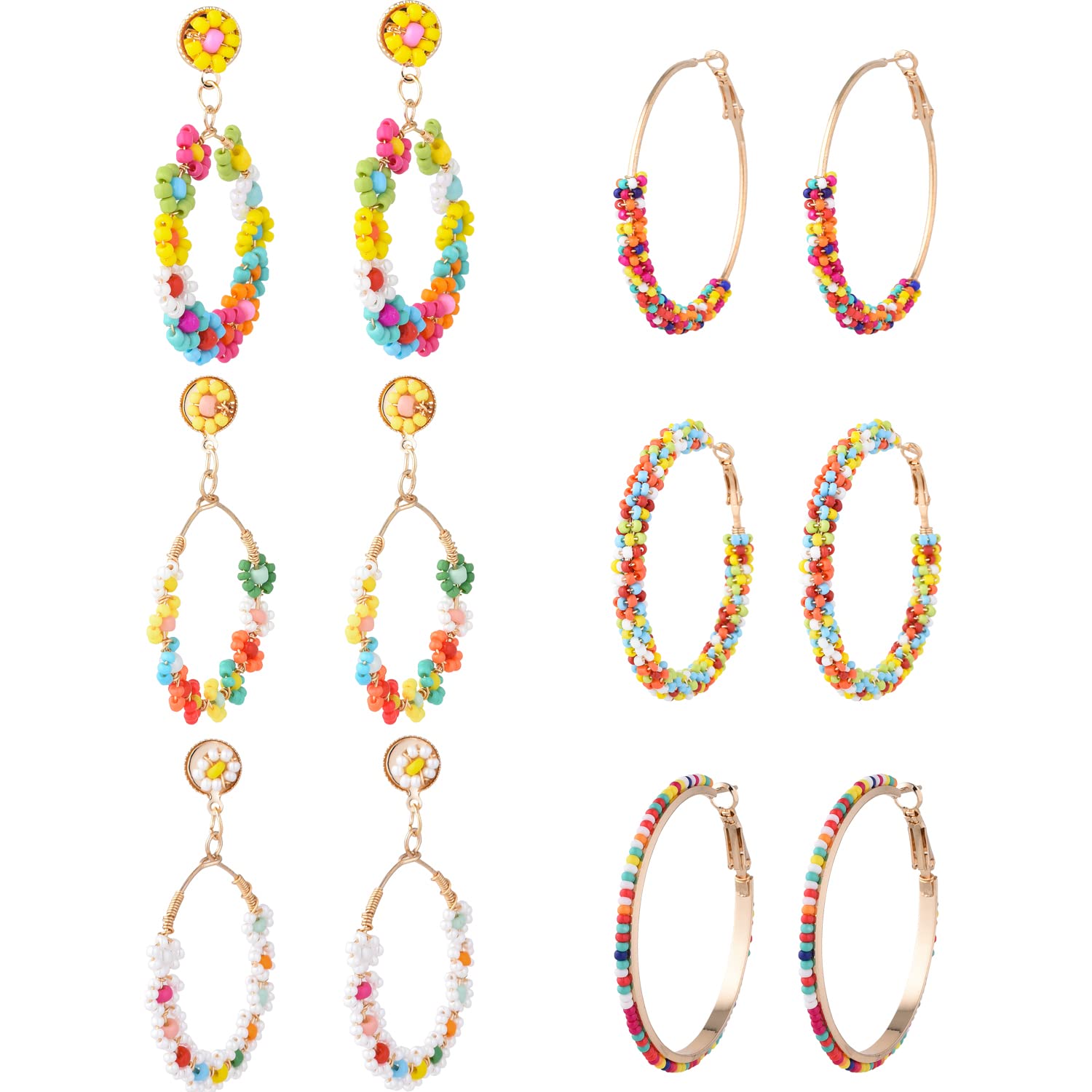 Jinxiuge 6 Pair Beaded Hoop Earrings Set - Boho Flower Round Dangle Earrings for Women, Handmade Jewelry Gift | Perfect for Boho Fashion, Summer Outfits & Special Occasions