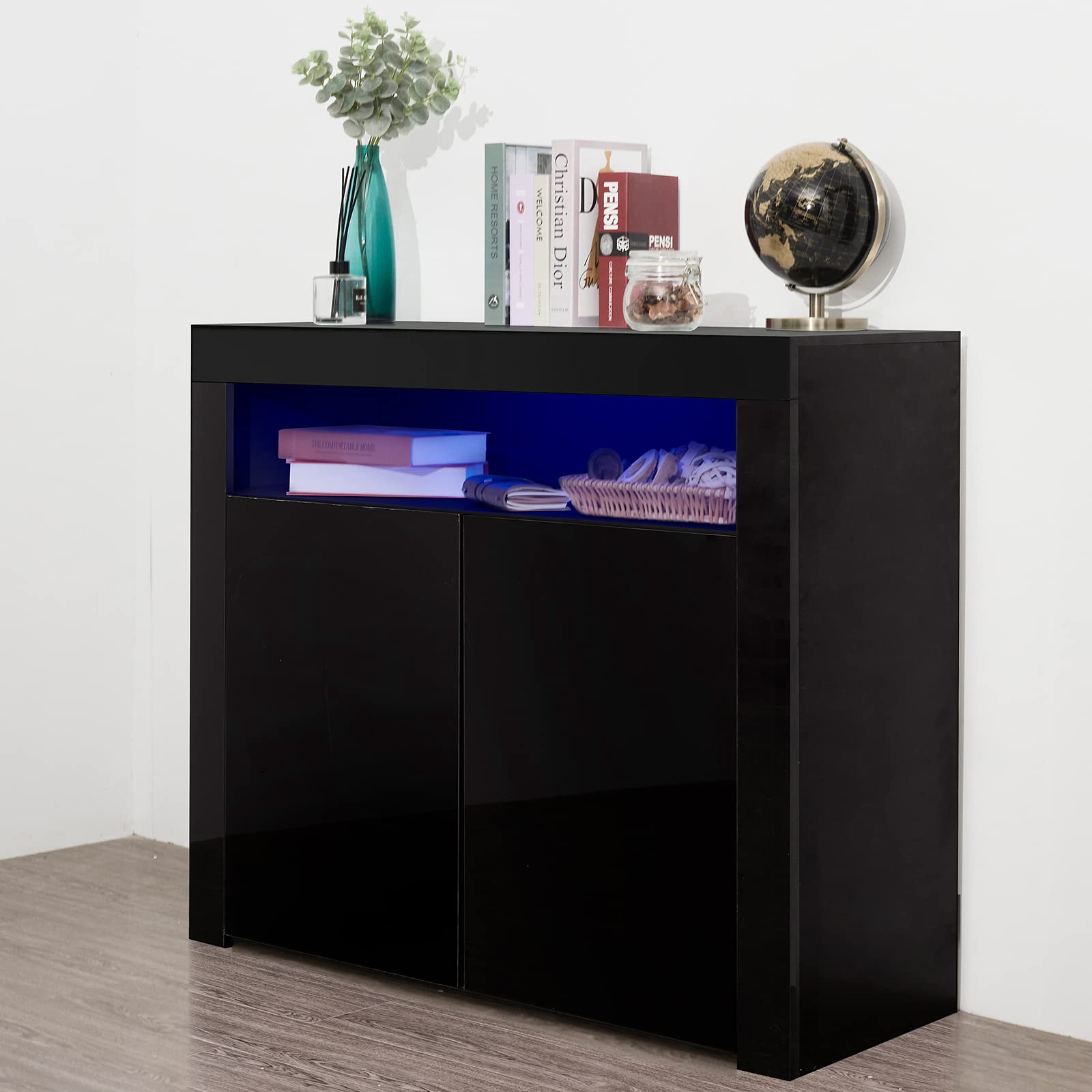 16-Color LED Sideboard with Storage - High Gloss UV-Coated TV Stand & Bar Cabinet for Living Room, Kitchen, Dining - Black 2-Door Buffet Cabinet | Perfect for Modern Home Decor, Entertainment Areas & Space-Saving Storage Solutions