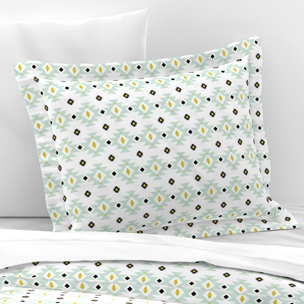 Custom Spoonflower Cotton Sateen Flanged Edge Sham - Mint Southwestern Boho Graphic Bohemian Art Deco Print Standard Size Pillowcase | Perfect for Nursery Decor, Bohemian Bedroom & Unique Home Styling