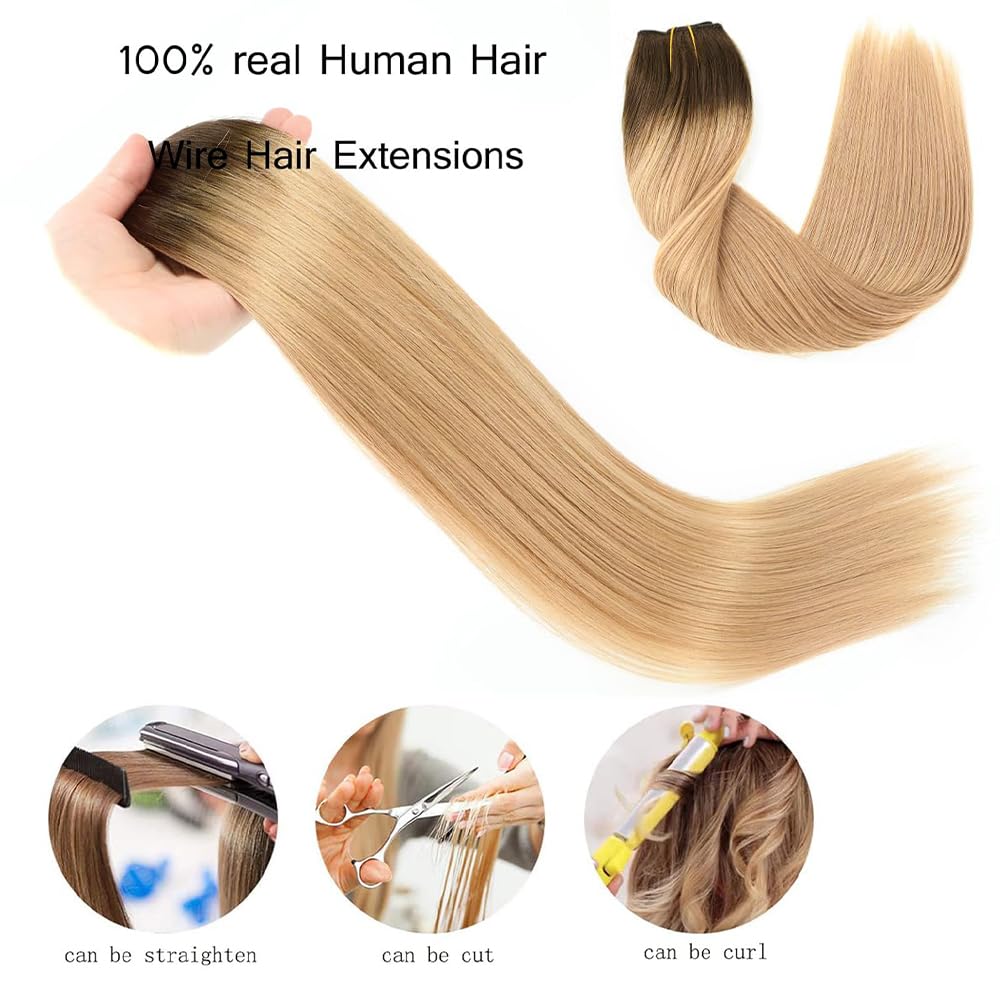 20 Inch Real Human Hair Clip-In Extensions - Balayage Chocolate Brown to Caramel Blonde Remy Hair with Invisible Wire for Natural Look | Perfect for Parties, Weddings & Daily Styling
