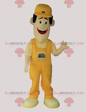 SPOTSOUND REDBROKOLY Mascot Man in Overalls & Yellow Cap - Fun Cartoon Character Costume for Cosplay, Parties, and Events