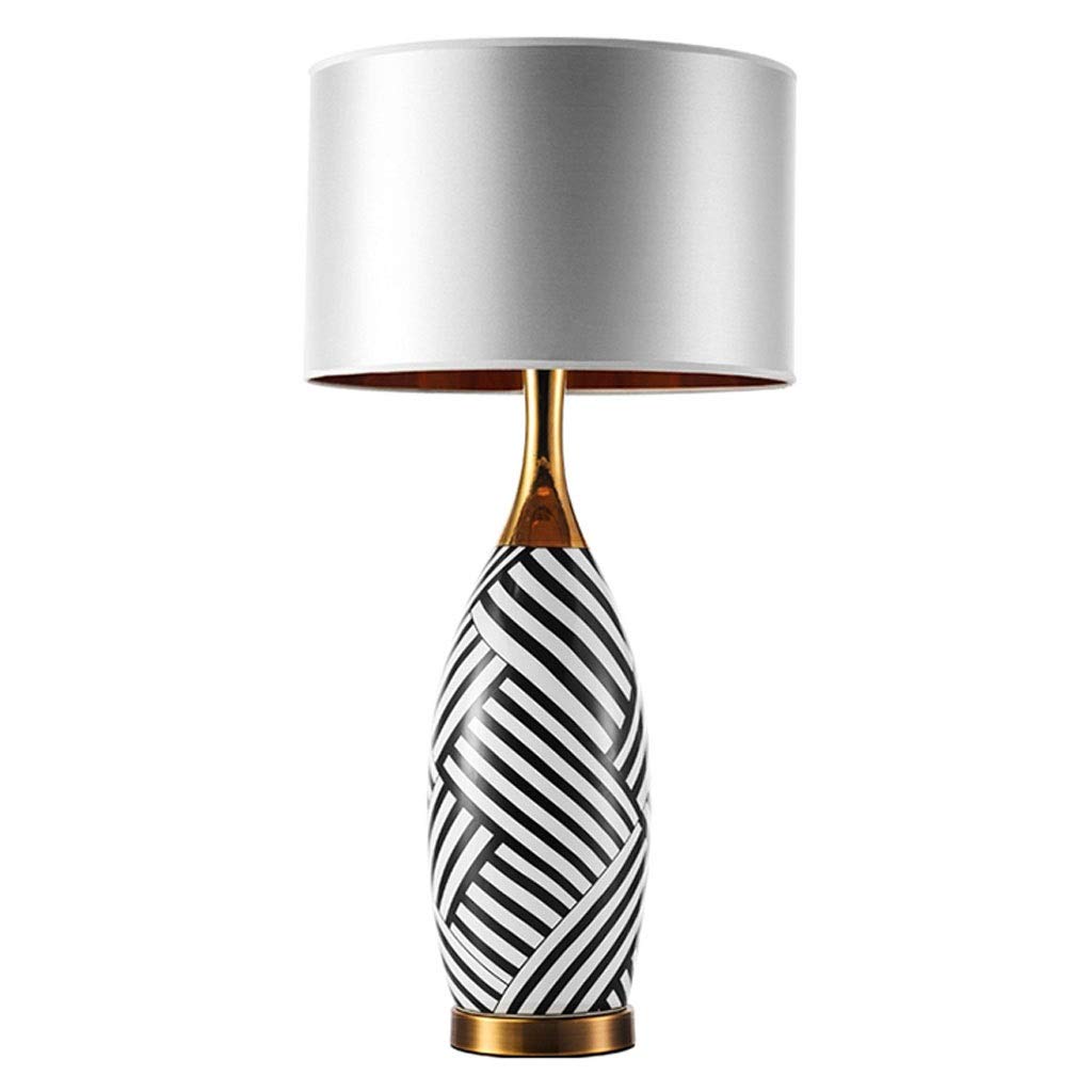 Modern Ceramic Table Lamp with Fabric Drum Shade - Silver Striped Reading & Desk Lamp for Bedroom, Living Room, Study - Perfect for Nightstands, Home Office & Cozy Reading Nooks