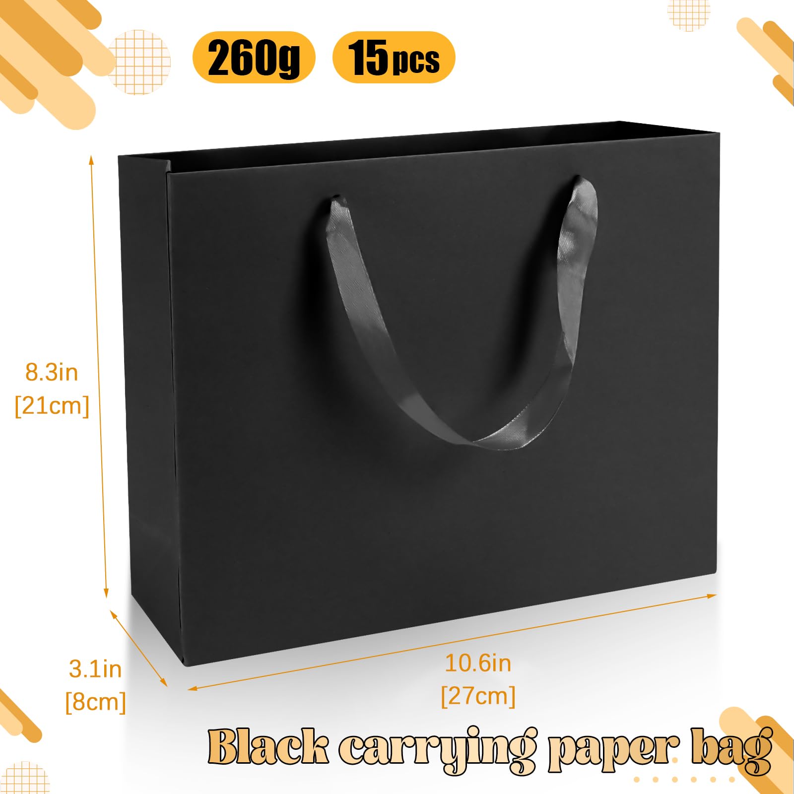 Rcybeo 15 Pack 10.6x3.1x8.3 Inch Black Gift Bags with Tissue Paper & Ribbon Handles - Elegant Retail, Grocery, Boutique Packaging for Weddings, Birthdays, Parties & Gifts - Perfect for Holiday, Corporate & Special Occasion Gift Wrapping