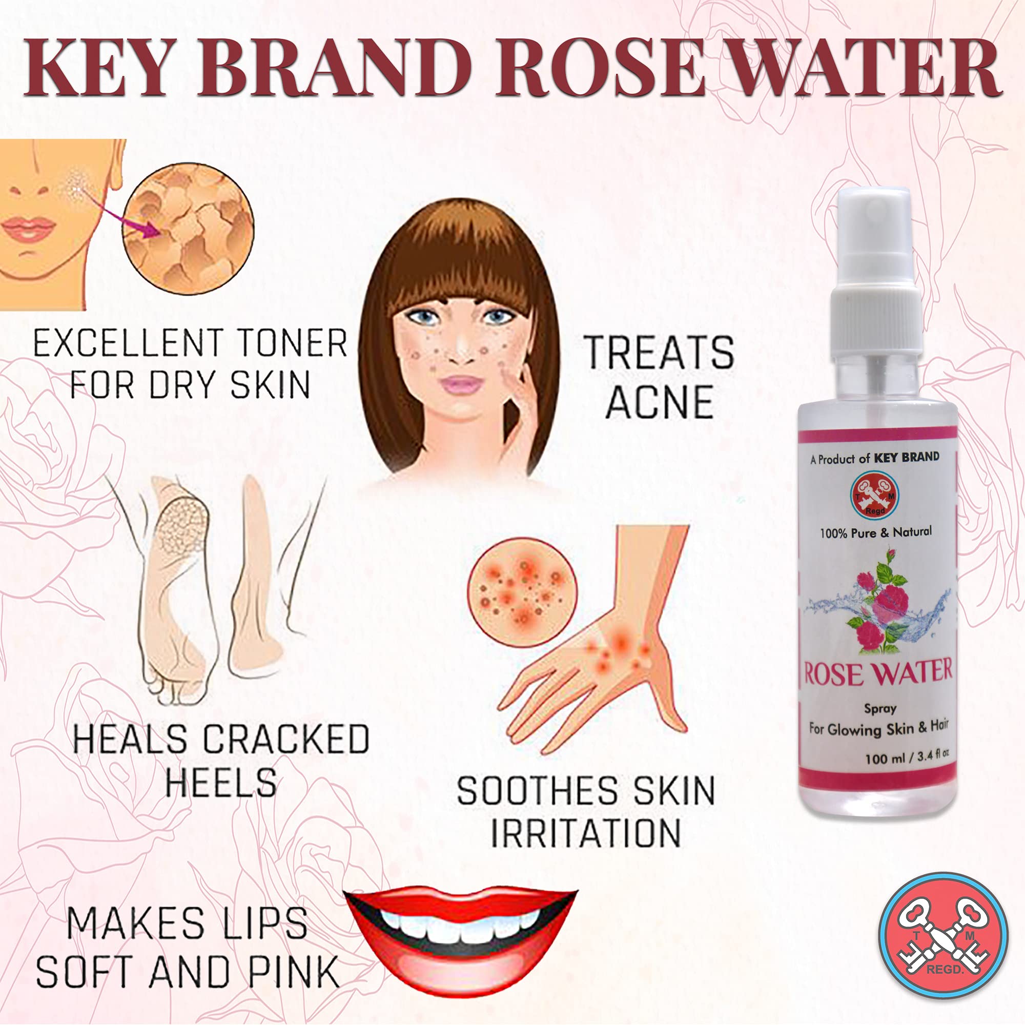 Keybrand Rose Water Facial Mist - 100ml Hydrating Spray Bottle for Skin Care, Makeup Setting & Refreshing