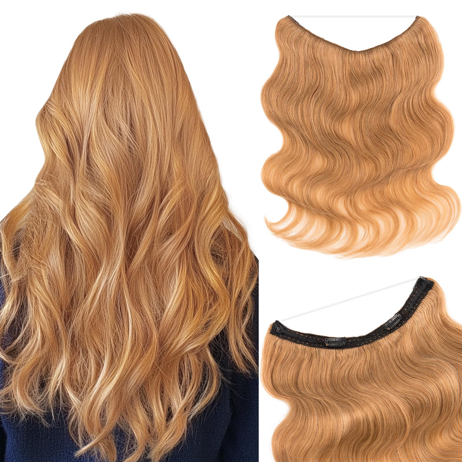 Benehair Halo Hair Extensions 100% Real Human Hair - Blonde, Wavy, Curly Halo Hair Extensions with Wire Support (65g/16inch, Dark Blonde) | Perfect for Daily Wear, Parties, Weddings & Special Occasions