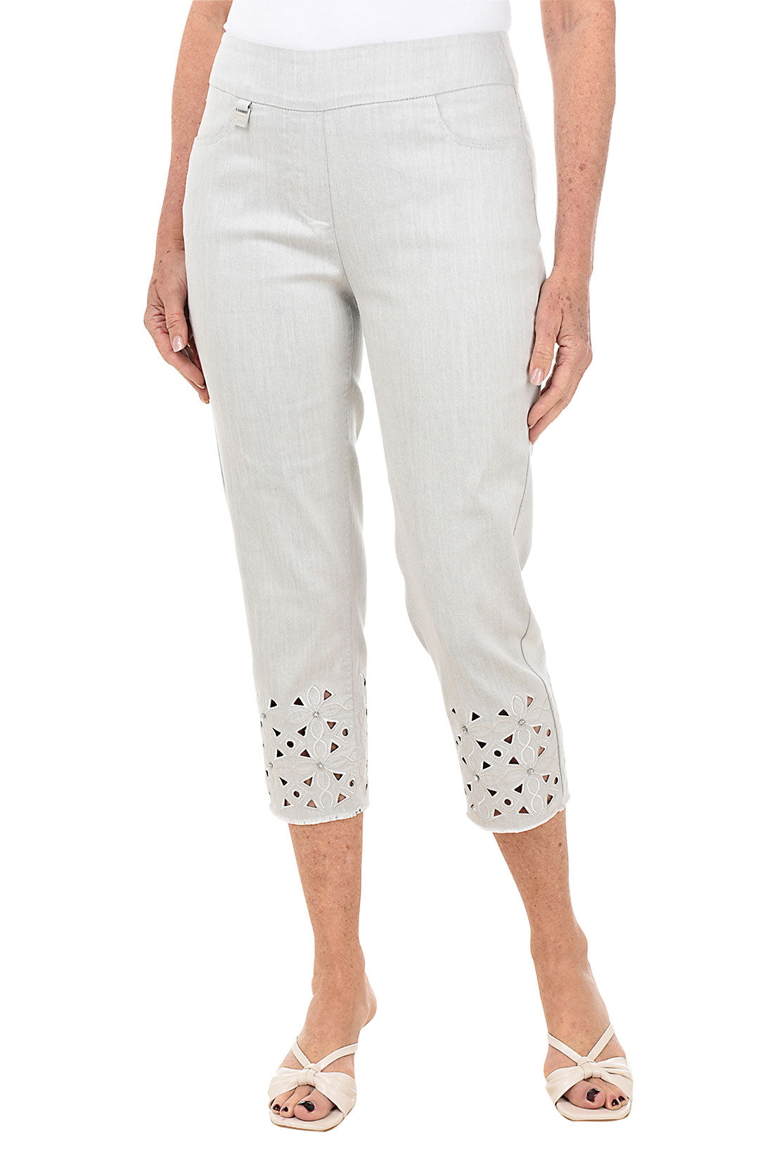 Floral Lattice Hem Denim Capri Pants for Women - Stylish Casual Summer Cropped Jeans - Perfect for Beach, Brunch & Outdoor Activities