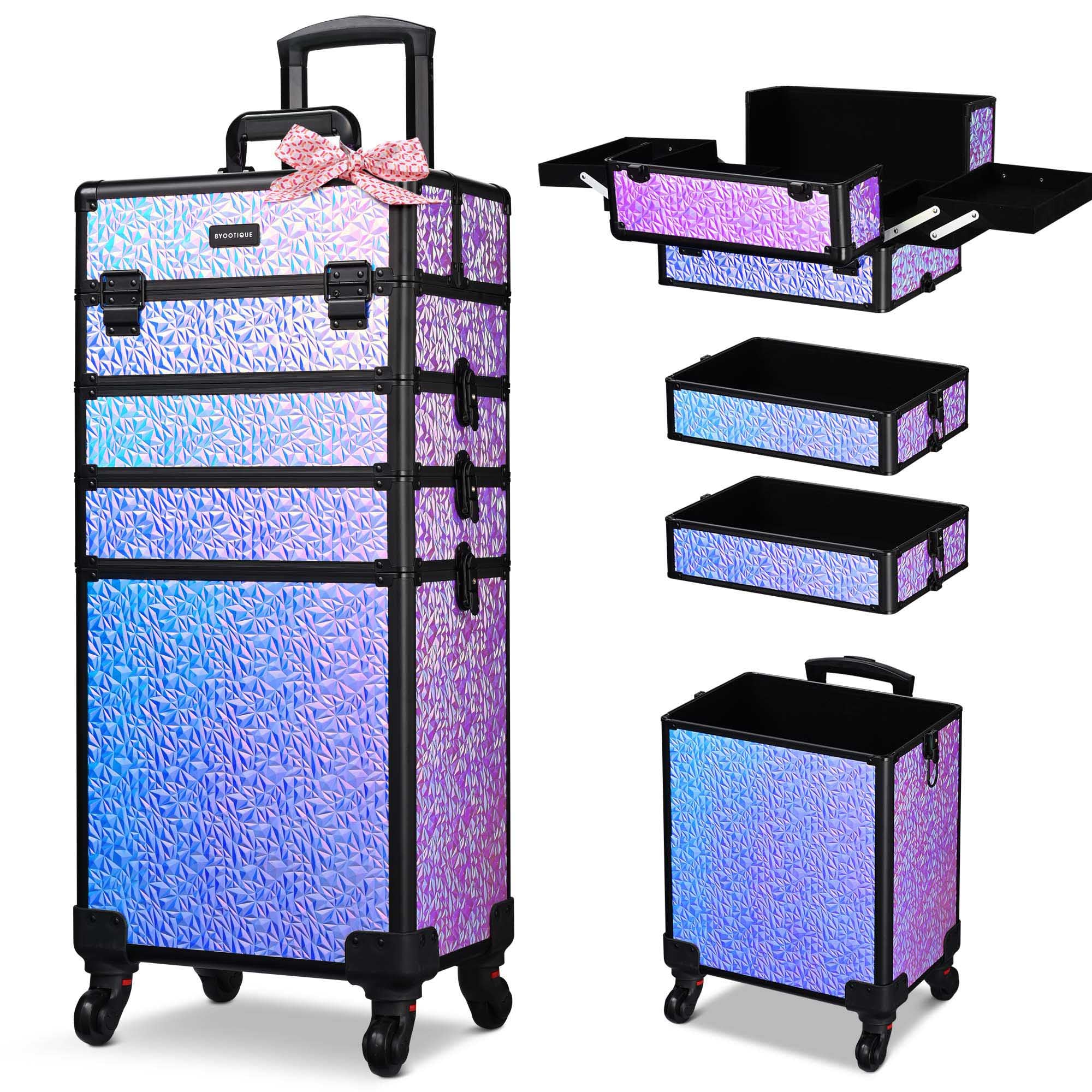 BYOOTIQUE 4-in-1 Rolling Makeup Train Case - Lockable Cosmetic Trolley Organizer with Wheels for Travel, Salon & Barber - Mermaid Purple | Perfect for Makeup Artists, Nail Technicians & Beauty Professionals On-The-Go