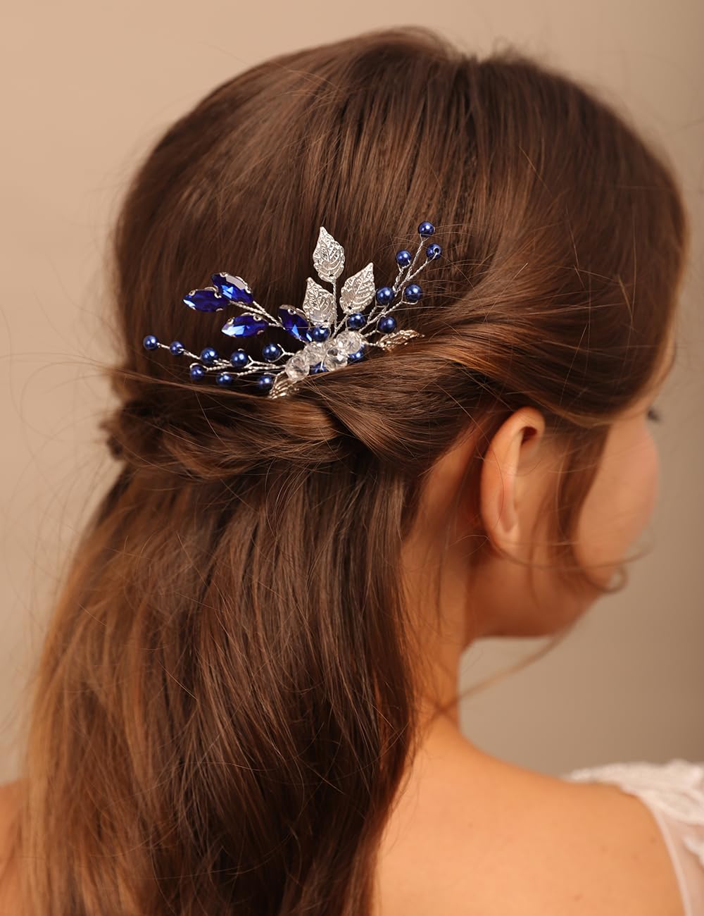 BERYUAN Silver Bridal Hair Comb with Blue Rhinestones & Crystal Leaves – Elegant Wedding Headpiece for Women & Girls | Perfect for Bridal, Prom, and Special Occasions