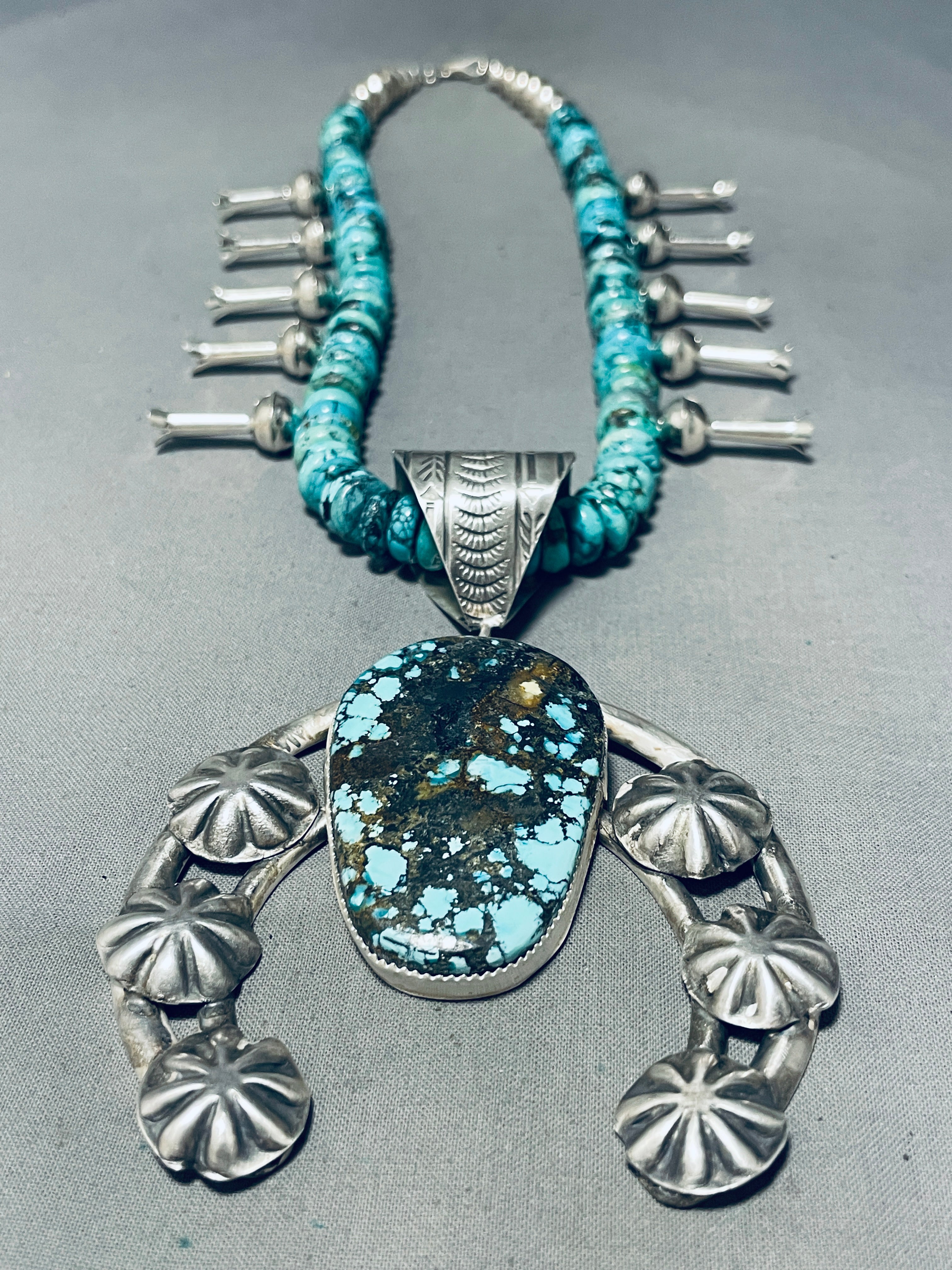 Authentic Navajo Spiderweb Turquoise Squash Blossom Necklace - 170g Sterling Silver Handmade Jewelry for Women - Perfect for Boho Fashion, Wedding Gifts & Special Occasions