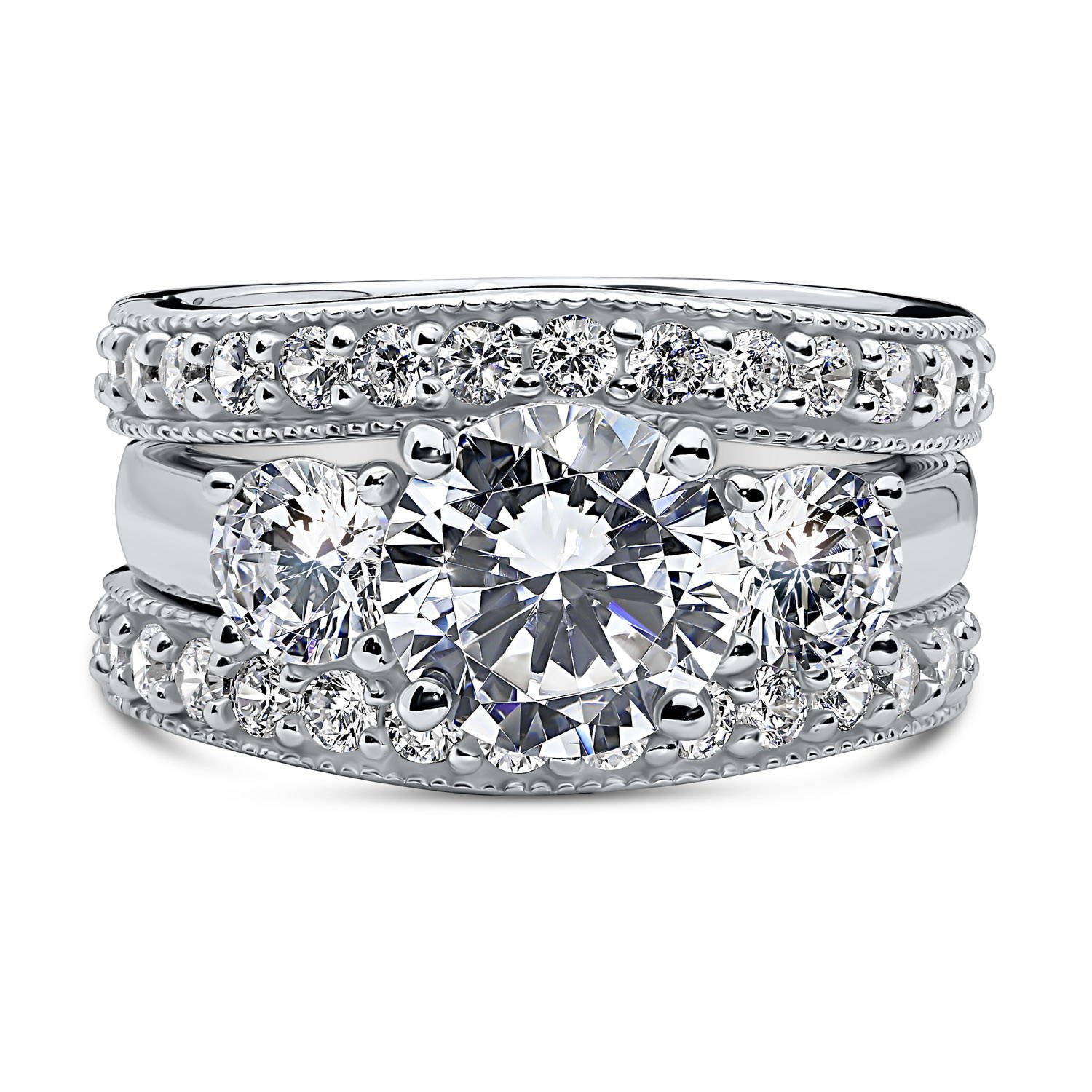 BERRICLE Sterling Silver 3-Stone Wedding & Engagement Ring Set for Women - 2.4 Carat Round Cut Cubic Zirconia CZ, Rhodium Plated, Size 4-10 | Perfect for Proposals, Anniversaries & Bridal Jewelry